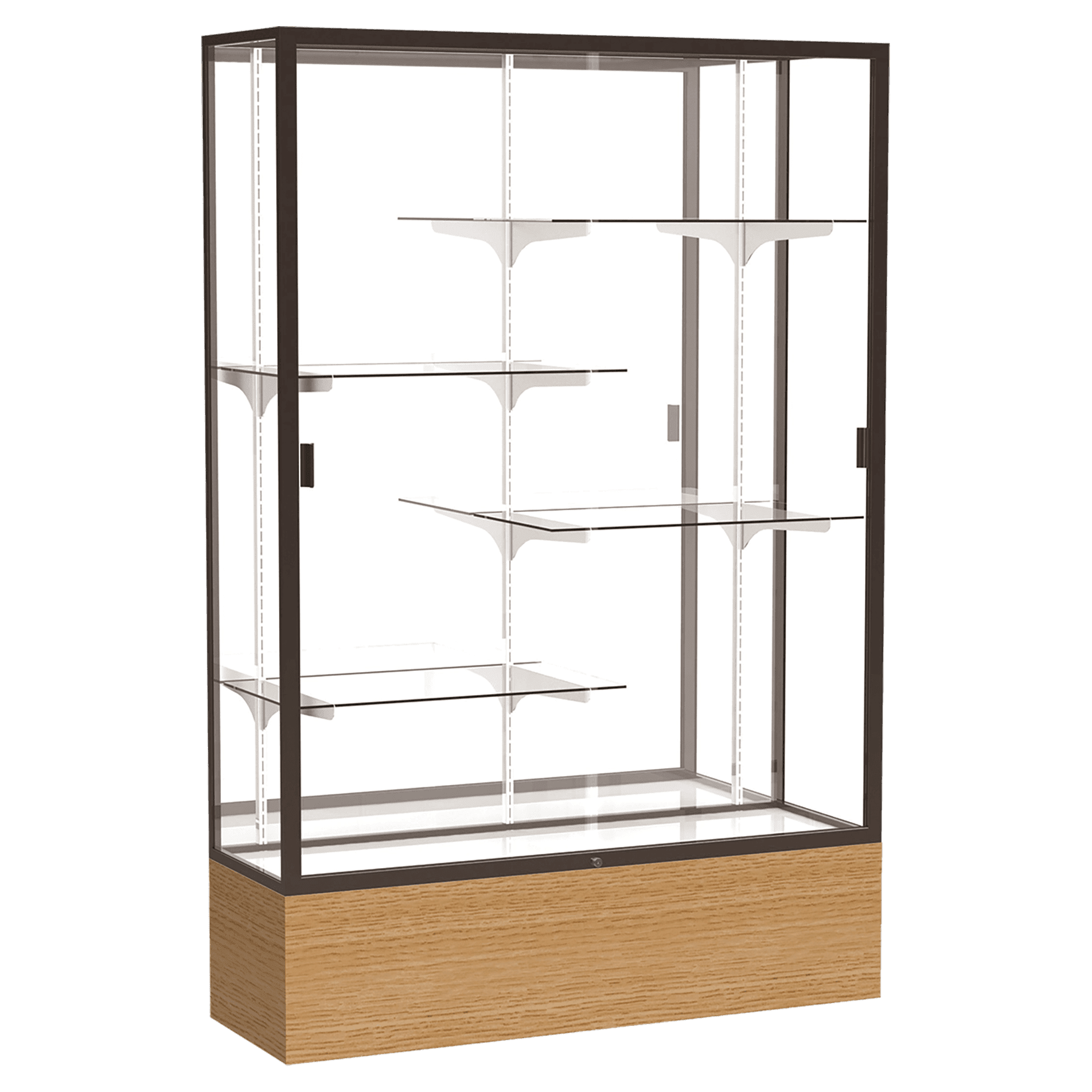 72"H x 48"W x 16"D Natural Oak Finish, Mirror Back, Dark Bronze Aluminum Frame, Reliant Display Case