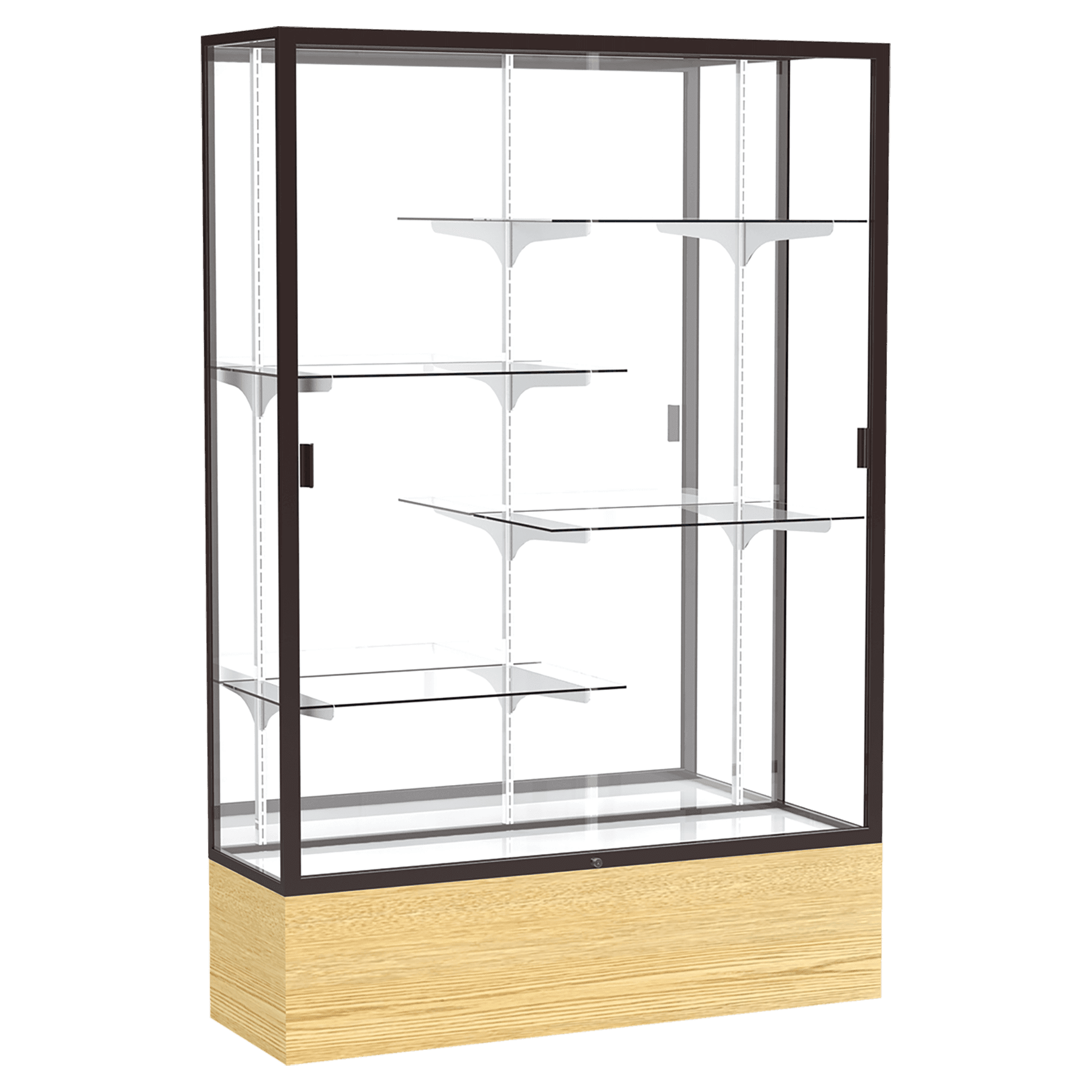 72"H x 48"W x 16"D Light Oak Vinyl Finish, Mirror Back, Dark Bronze Aluminum Frame, Reliant Display Case
