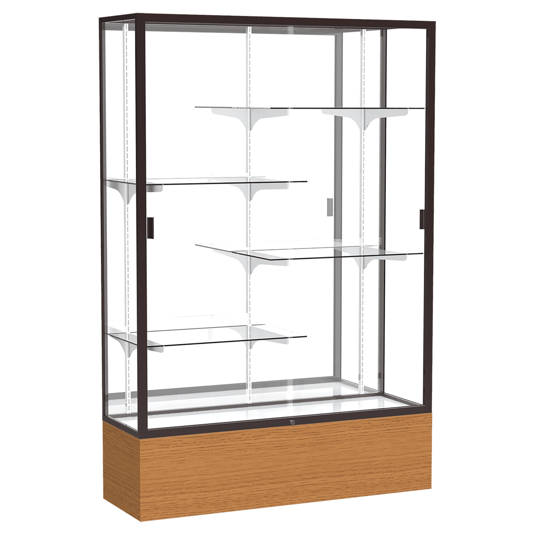 72"H x 48"W x 16"D Carmel Oak Finish, Mirror Back, Dark Bronze Aluminum Frame, Reliant Display Case