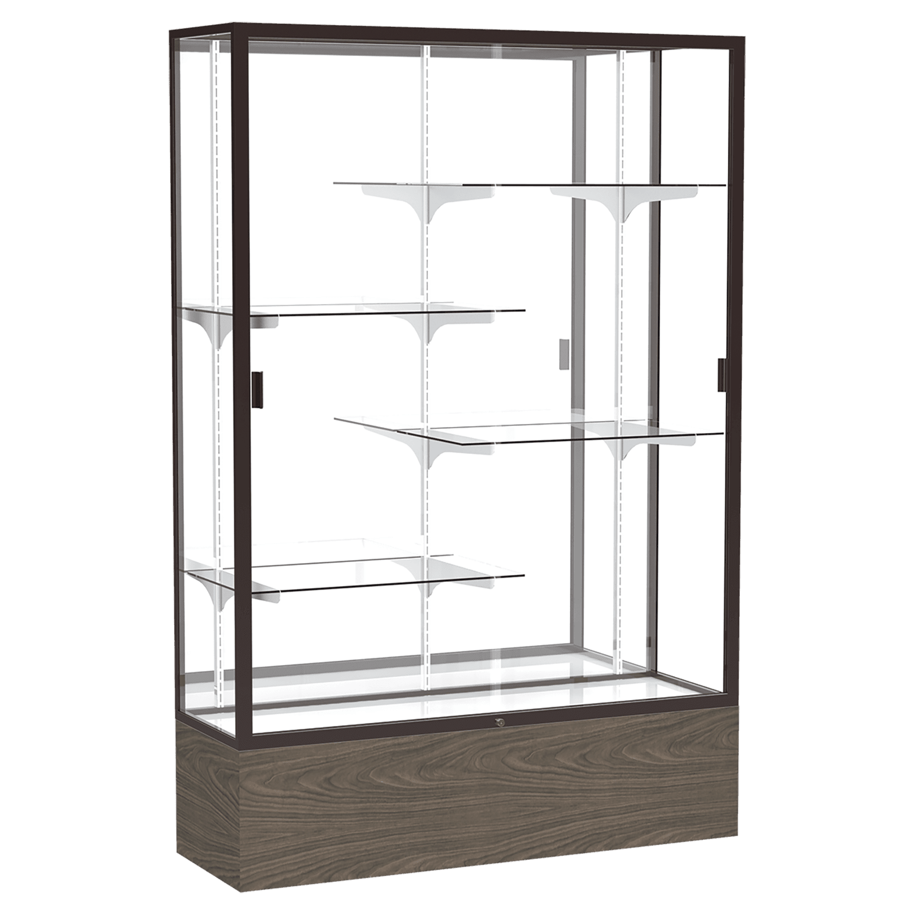 72"H x 48"W x 16"D Walnut Vinyl Finish, Mirror Back, Dark Bronze Aluminum Frame, Reliant Display Case