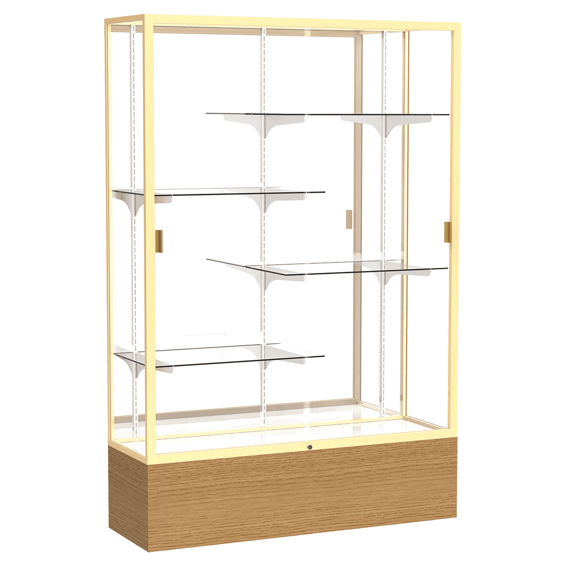 72"H x 48"W x 16"D Natural Oak Finish, Mirror Back, Champagne Aluminum Frame, Reliant Display Case