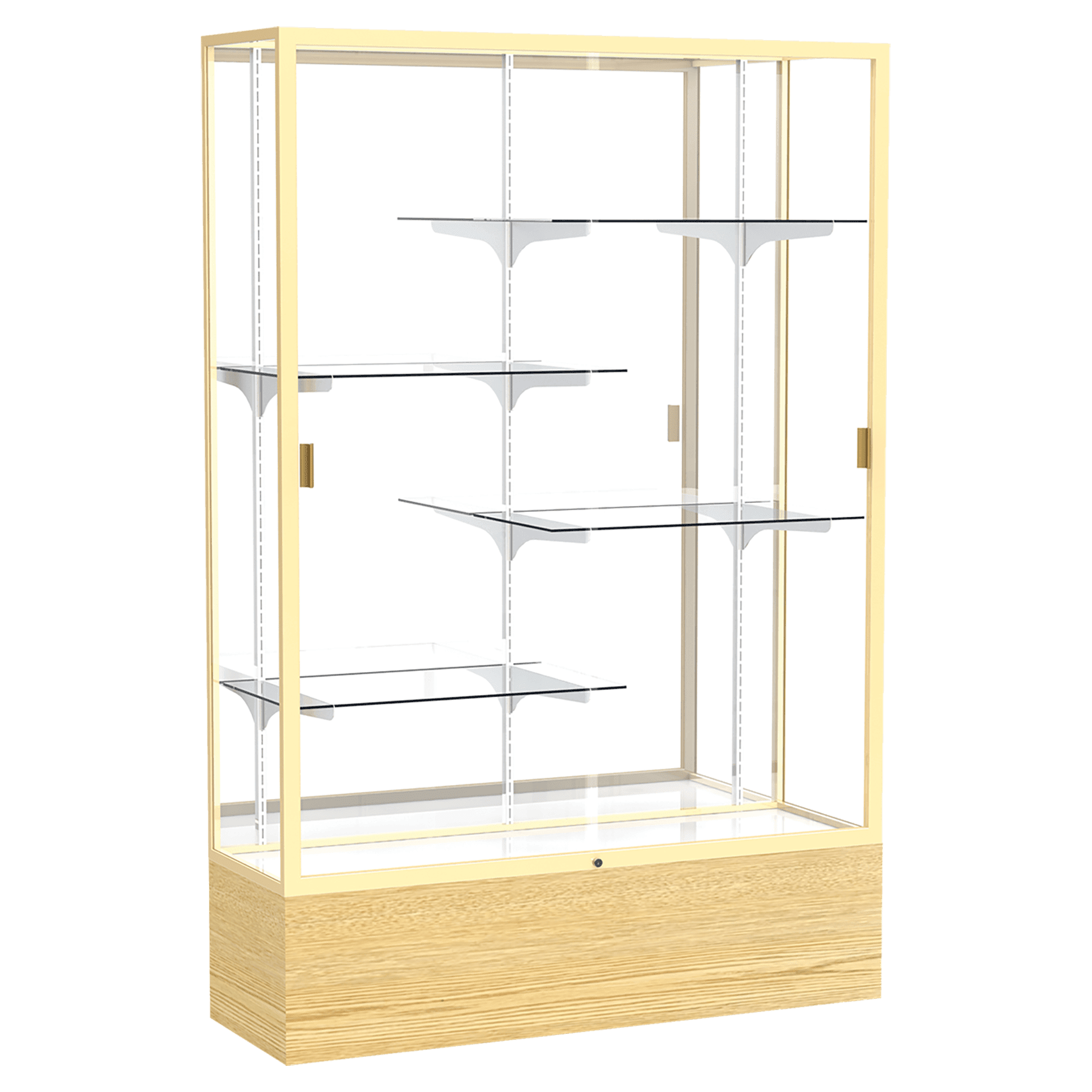 72"H x 48"W x 16"D Light Oak Vinyl Finish, Mirror Back, Champagne Aluminum Frame, Reliant Display Case