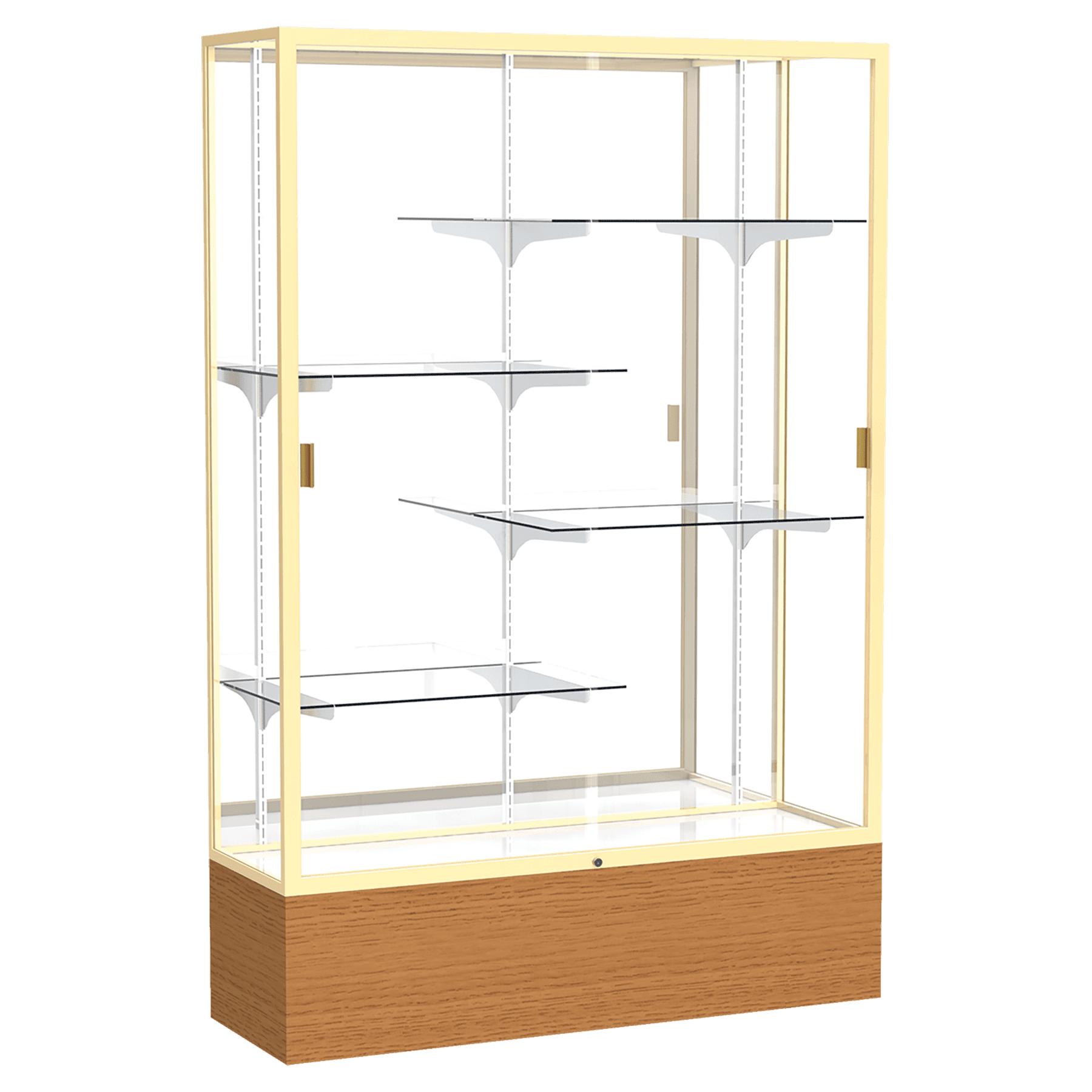 72"H x 48"W x 16"D Carmel Oak Finish, Mirror Back, Champagne Aluminum Frame, Reliant Display Case
