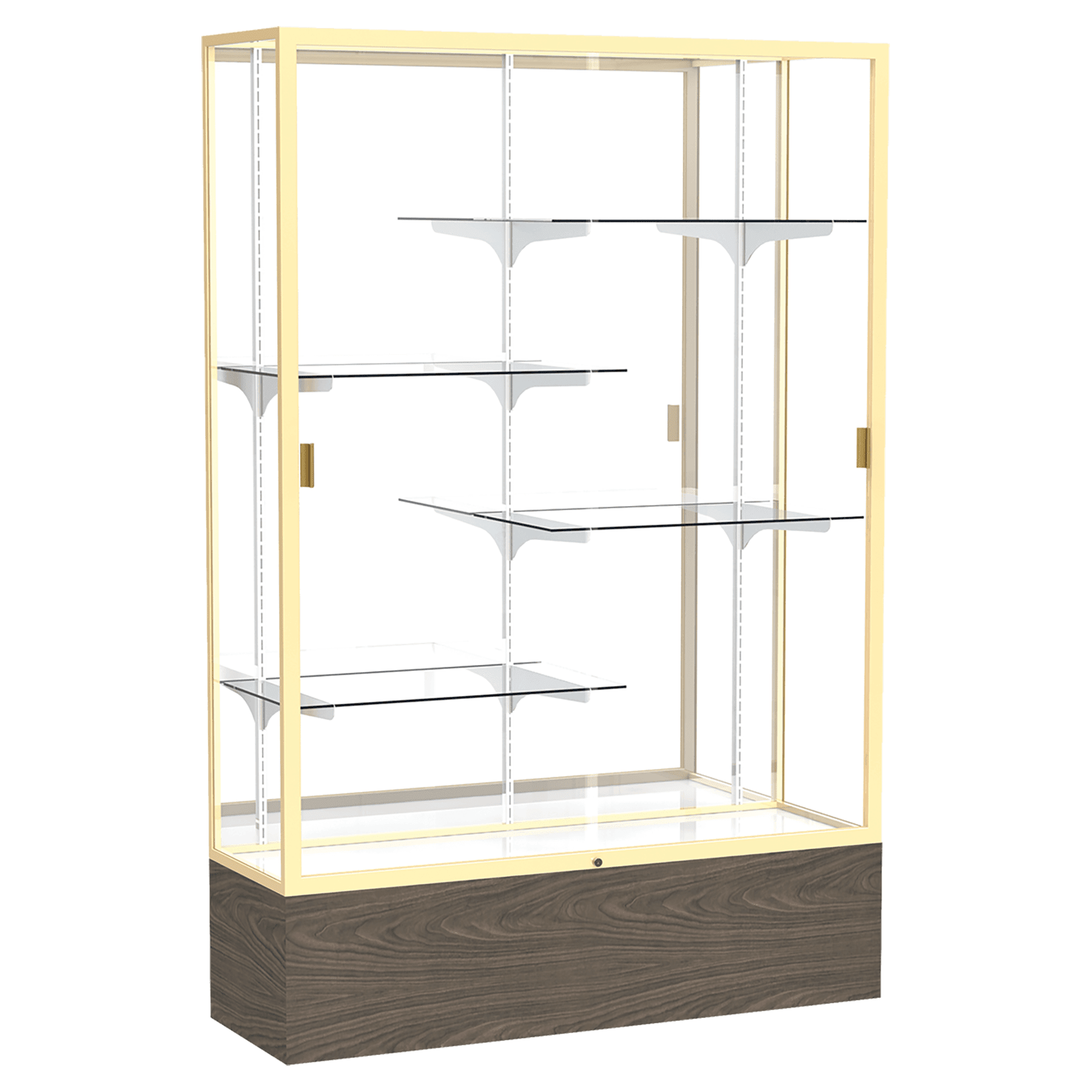 72"H x 48"W x 16"D Walnut Vinyl Finish, Mirror Back, Champagne Aluminum Frame, Reliant Display Case