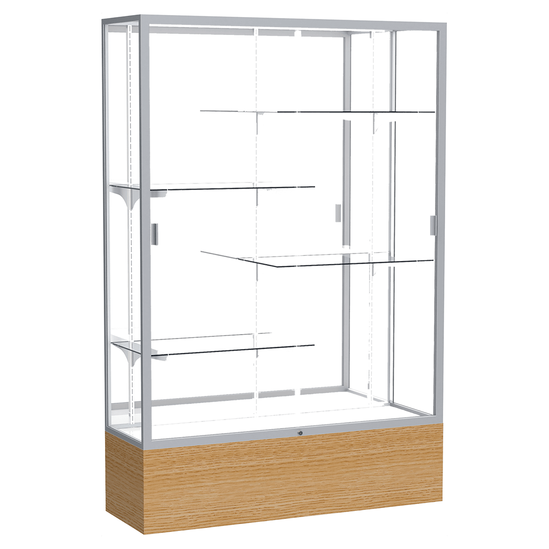 72"H x 48"W x 16"D Natural Oak Finish, Mirror Back, Satin Natural Aluminum Frame, Reliant Display Case