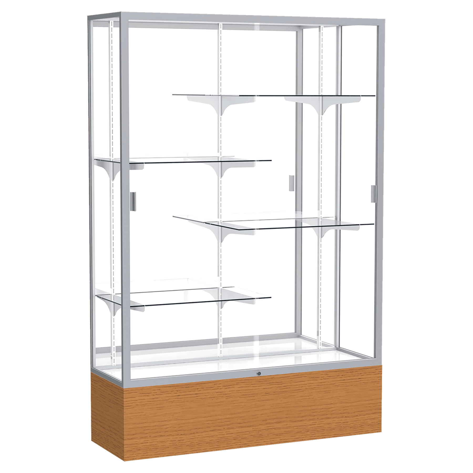 72"H x 48"W x 16"D Carmel Oak Finish, Mirror Back, Satin Natural Aluminum Frame, Reliant Display Case
