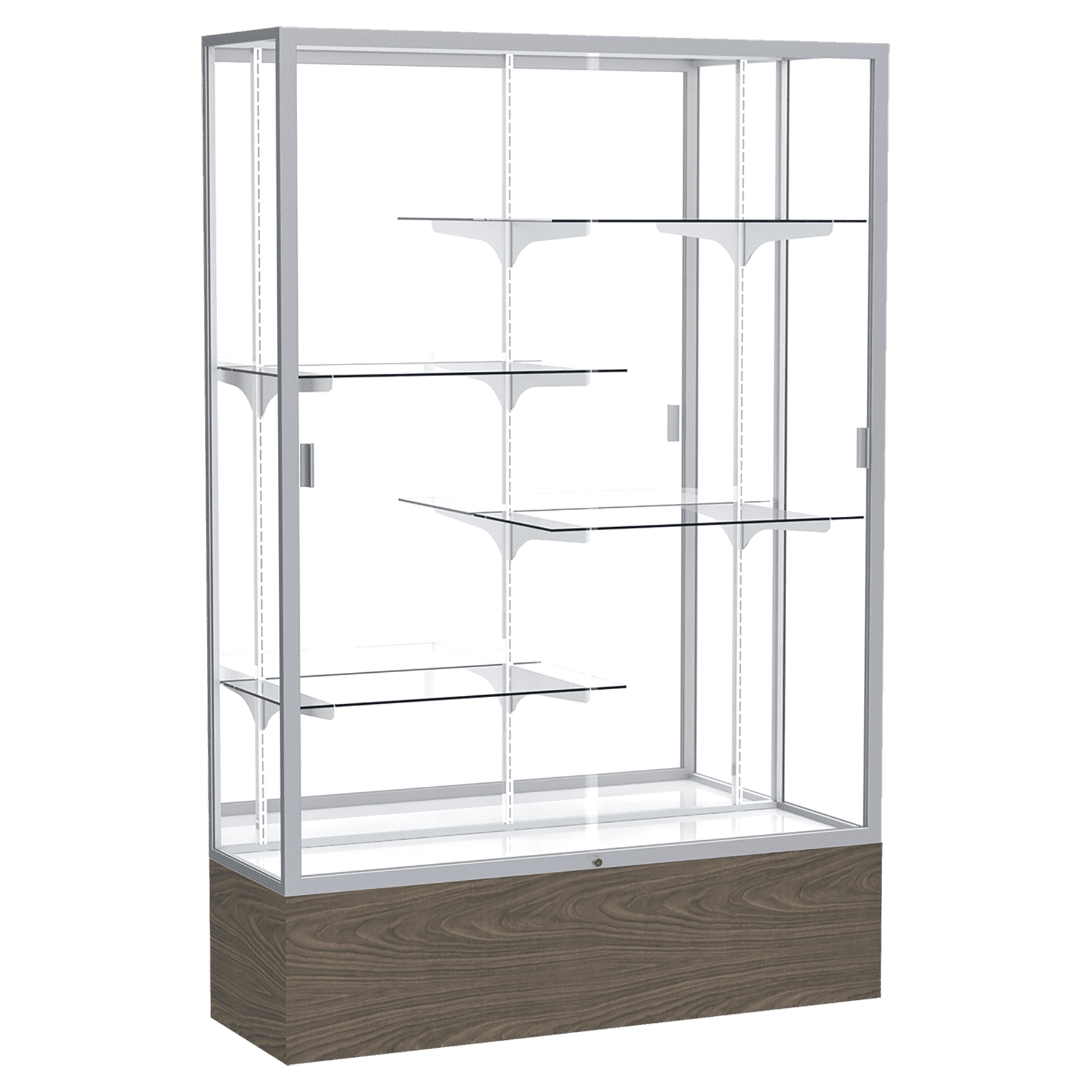 72"H x 48"W x 16"D Walnut Vinyl Finish, Mirror Back, Satin Natural Aluminum Frame, Reliant Display Case