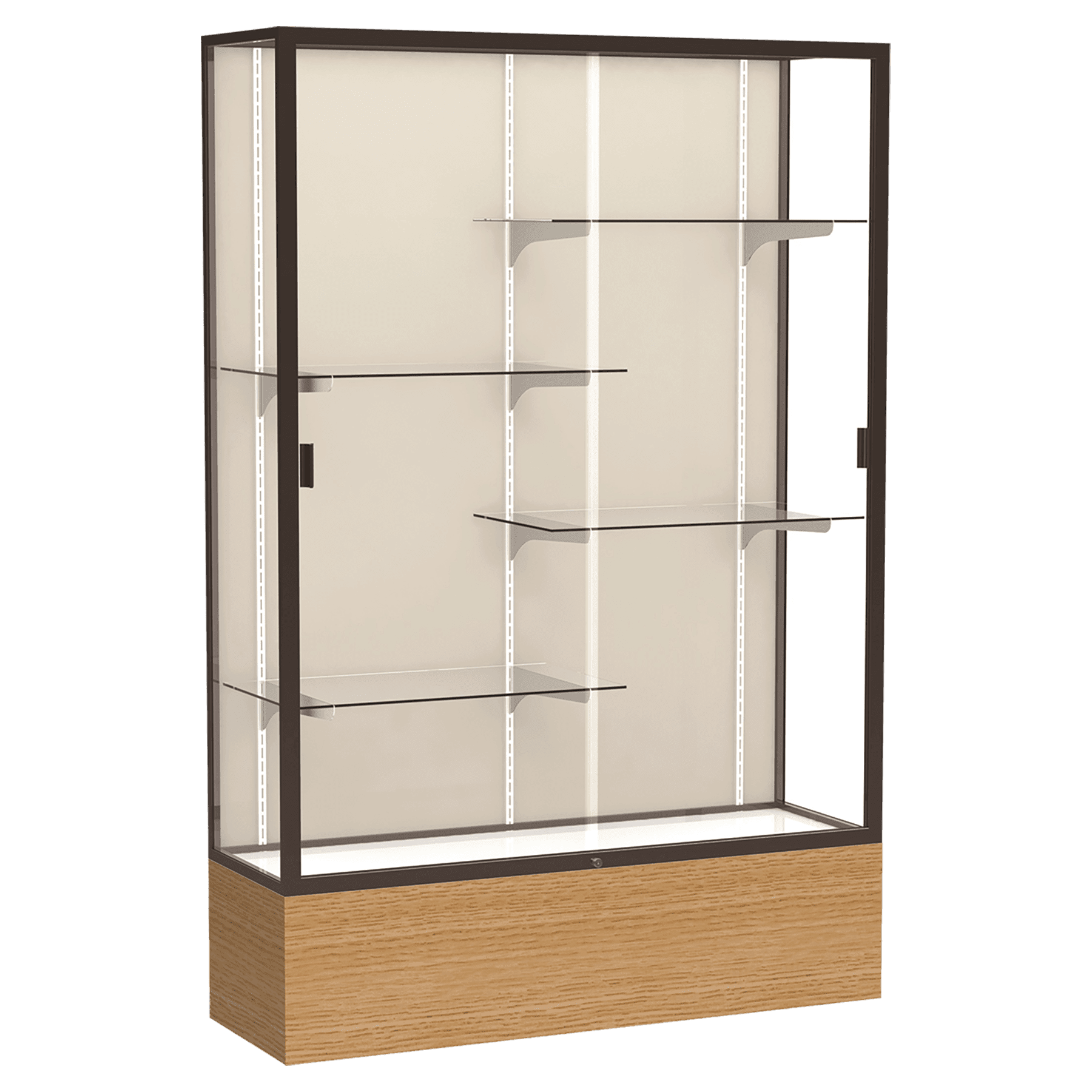 72"H x 48"W x 16"D Natural Oak Finish, Plaque Fabric Back, Dark Bronze Aluminum Frame, Reliant Display Case