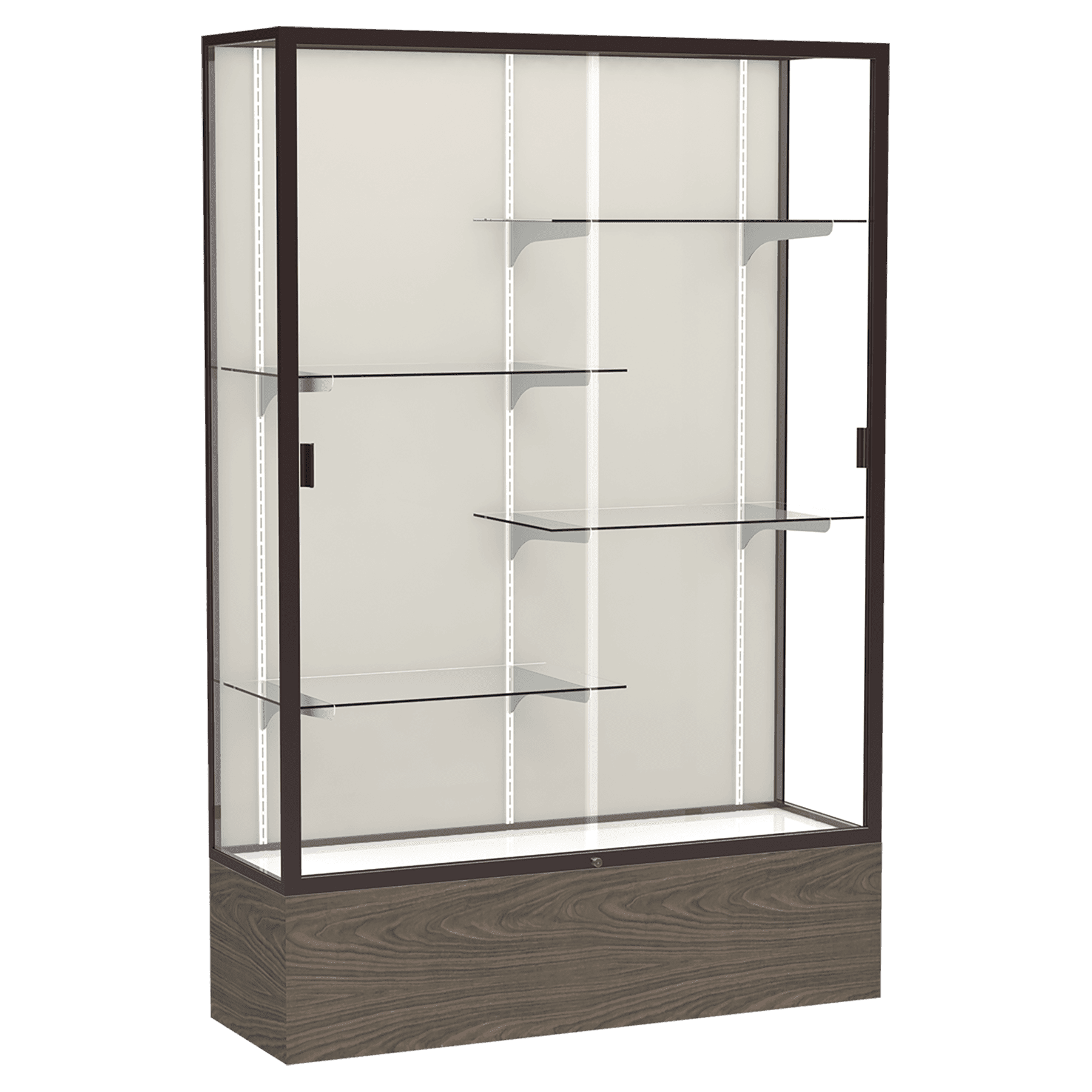 72"H x 48"W x 16"D Light Oak Vinyl Finish, Plaque Fabric Back, Dark Bronze Aluminum Frame, Reliant Display Case
