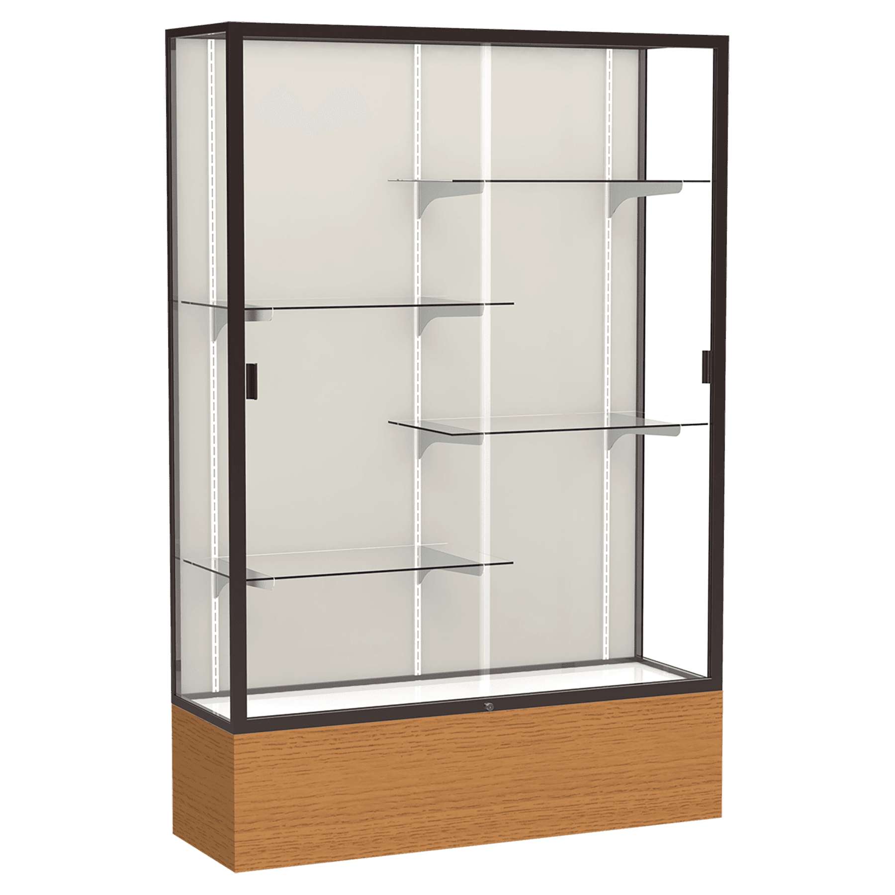 72"H x 48"W x 16"D Carmel Oak Finish, Plaque Fabric Back, Dark Bronze Aluminum Frame, Reliant Display Case