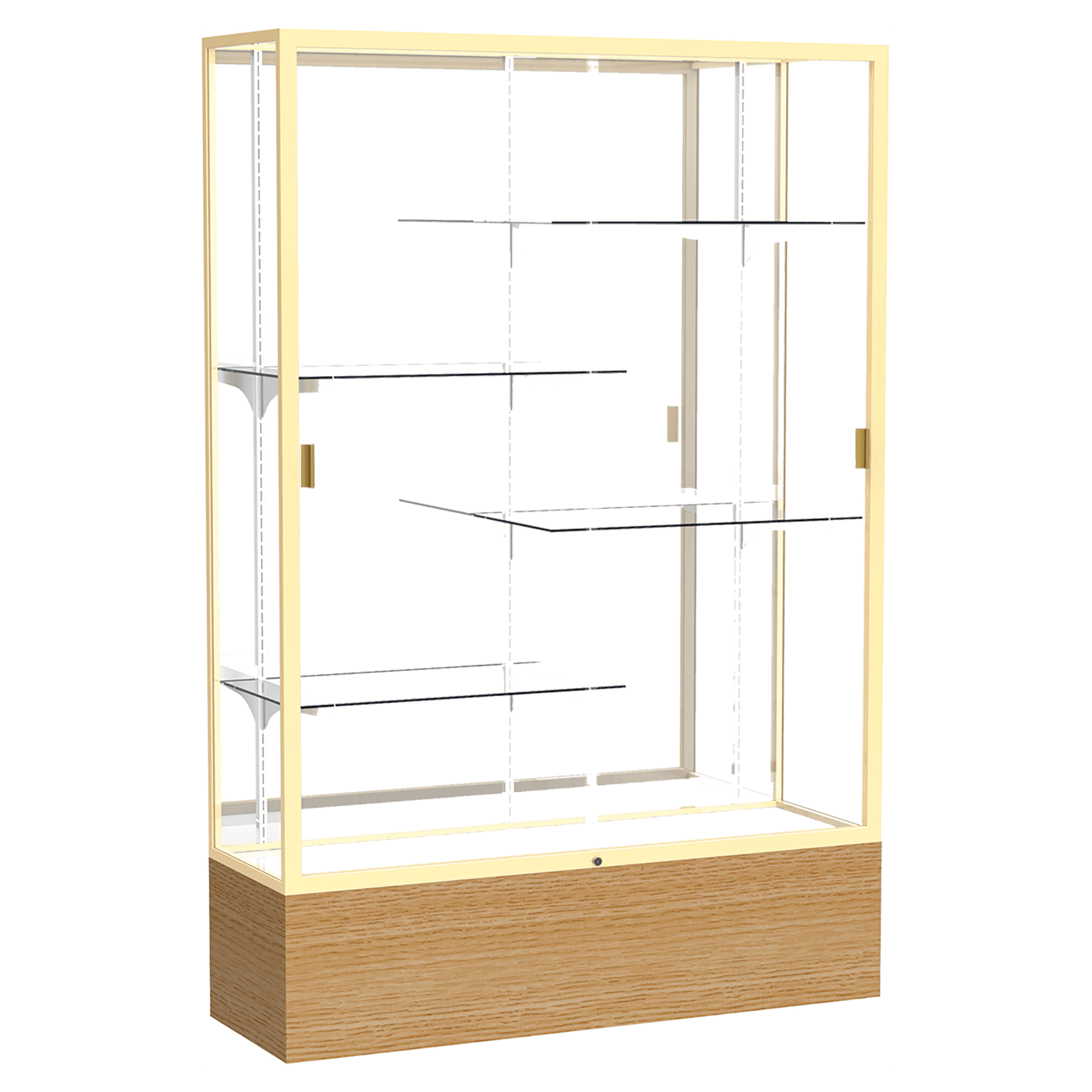 72"H x 48"W x 16"D Natural Oak Finish, Plaque Fabric Back, Champagne Aluminum Frame, Reliant Display Case