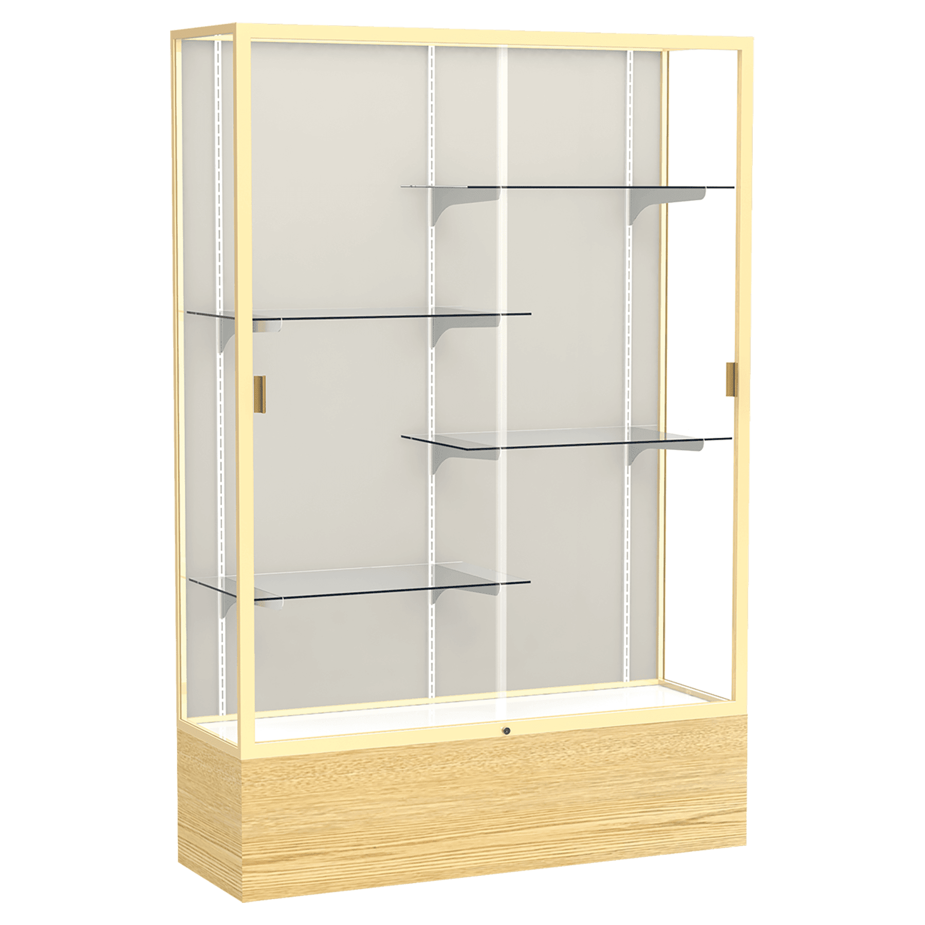 72"H x 48"W x 16"D Light Oak Vinyl Finish, Plaque Fabric Back, Champagne Aluminum Frame, Reliant Display Case