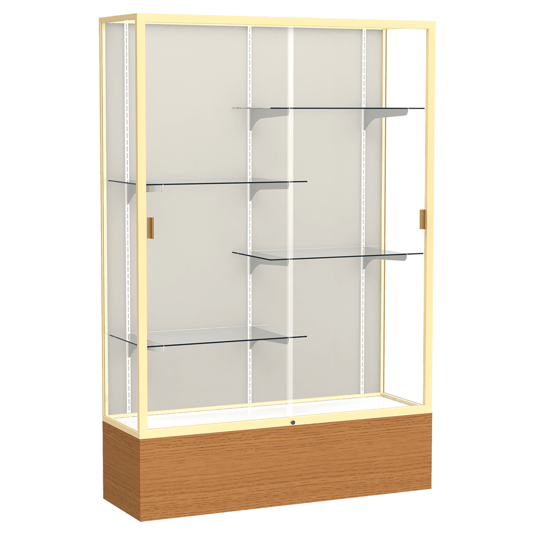 72"H x 48"W x 16"D Carmel Oak Finish, Plaque Fabric Back, Champagne Aluminum Frame, Reliant Display Case
