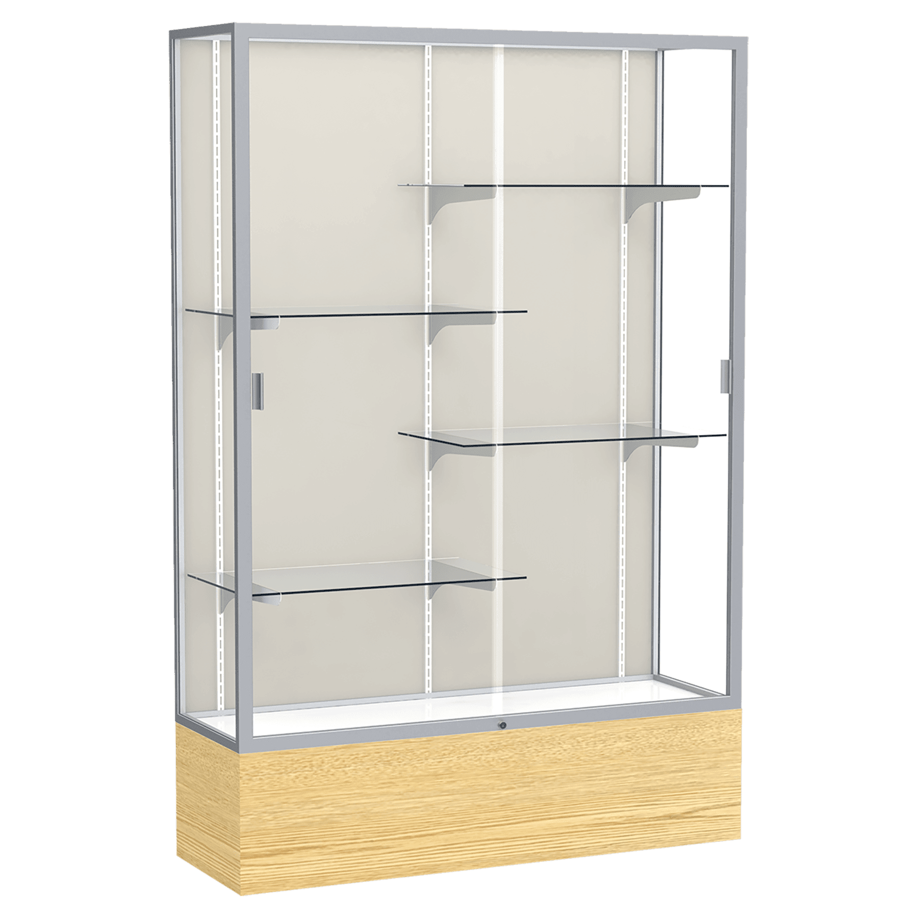 72"H x 48"W x 16"D Light Oak Vinyl Finish, Plaque Fabric Back, Satin Natural Aluminum Frame, Reliant Display Case