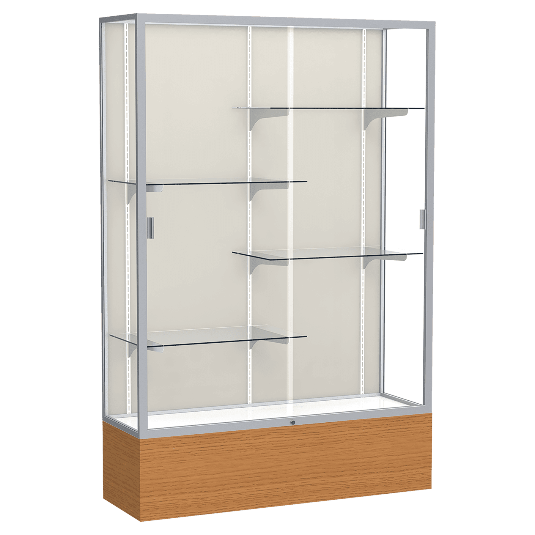 72"H x 48"W x 16"D Carmel Oak Finish, Plaque Fabric Back, Satin Natural Aluminum Frame, Reliant Display Case