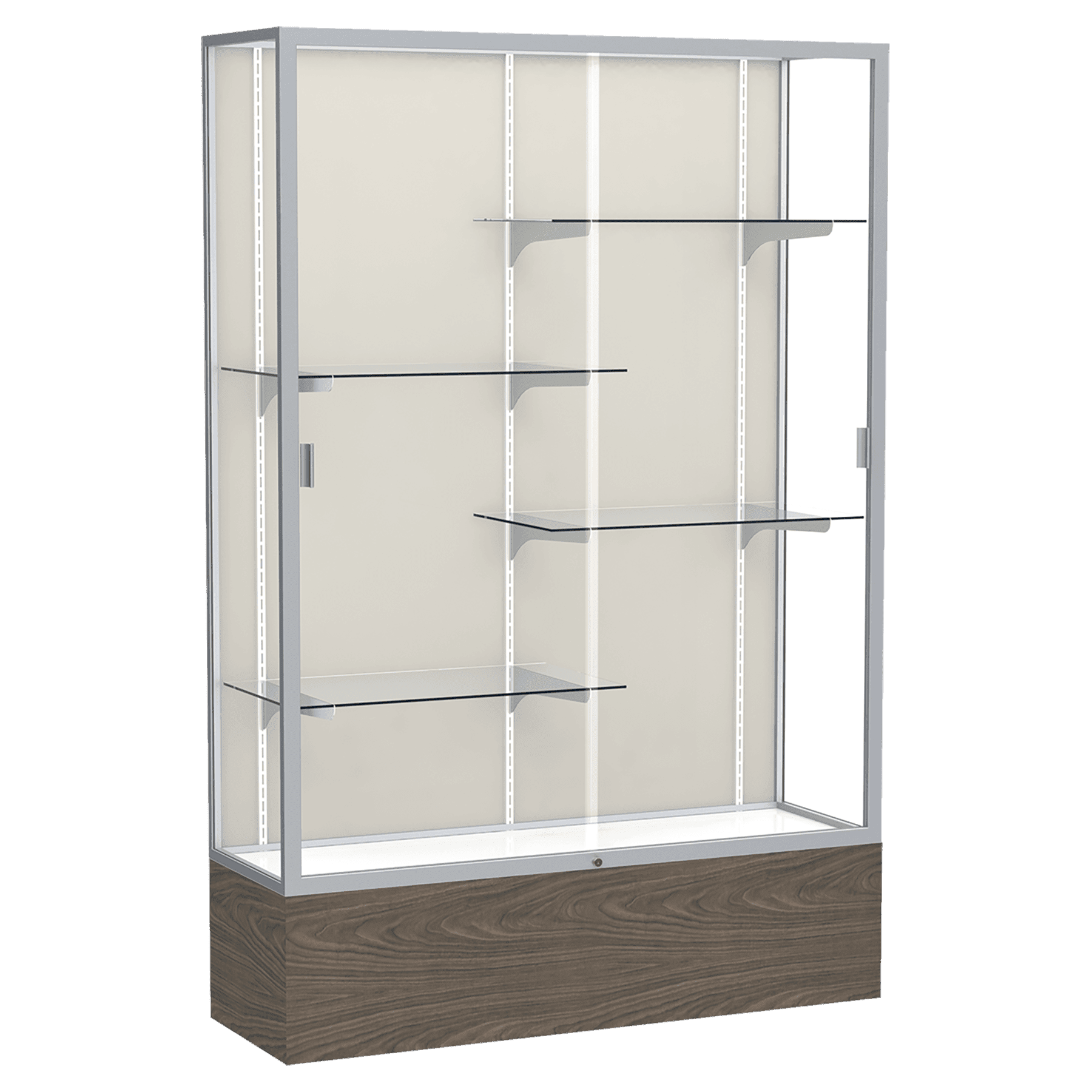 72"H x 48"W x 16"D Walnut Vinyl Finish, Plaque Fabric Back, Satin Natural Aluminum Frame, Reliant Display Case