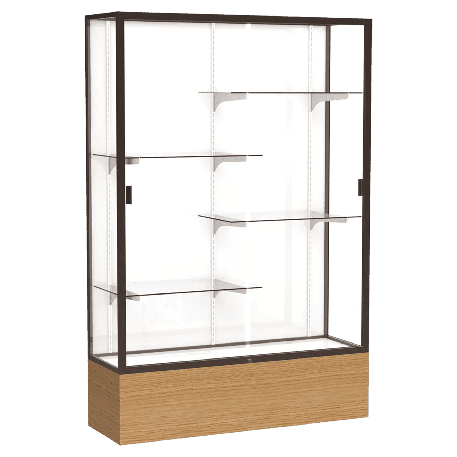 72"H x 48"W x 16"D Natural Oak Finish, White Laminate Back, Dark Bronze Aluminum Frame, Reliant Display Case