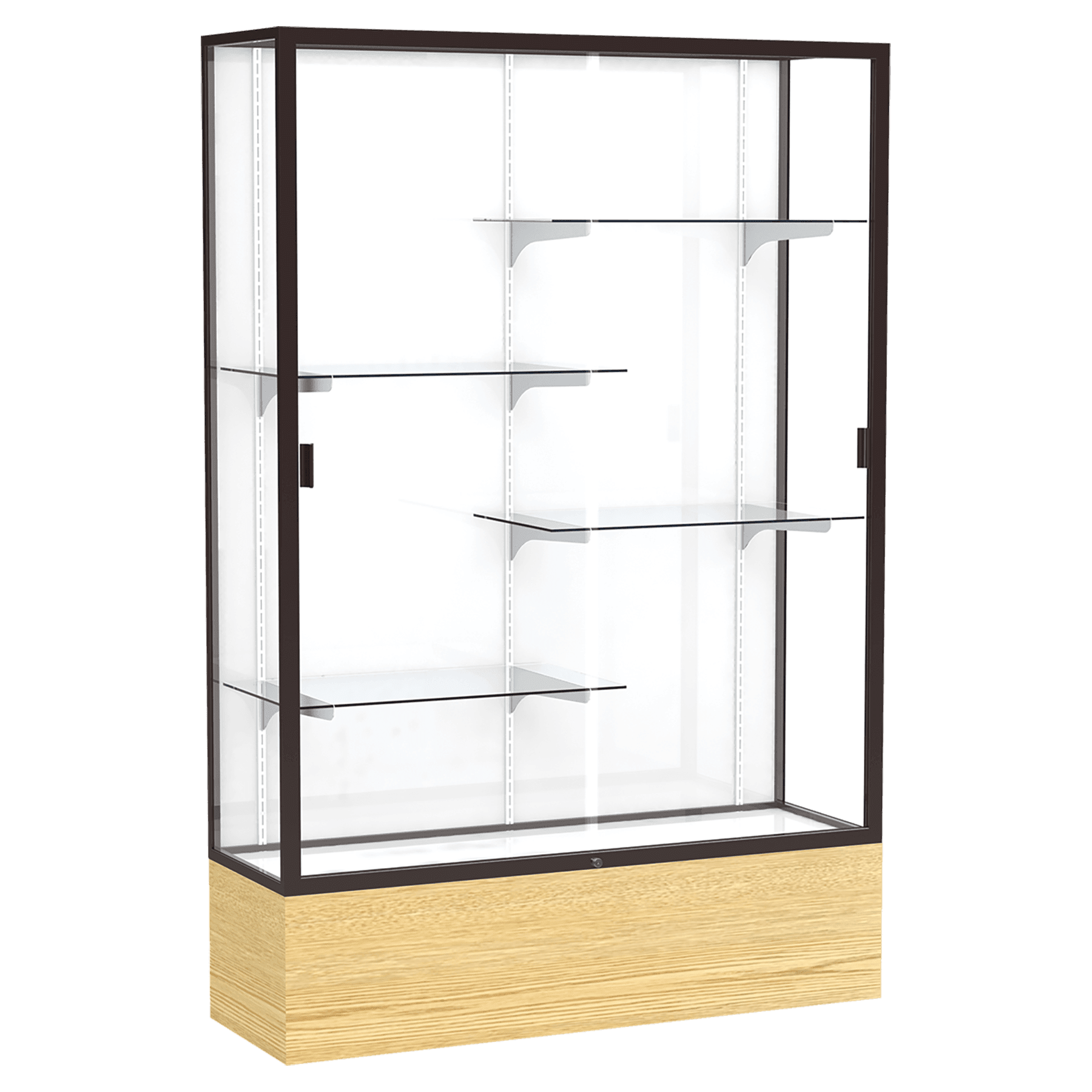 72"H x 48"W x 16"D Light Oak Vinyl Finish, White Laminate Back, Dark Bronze Aluminum Frame, Reliant Display Case