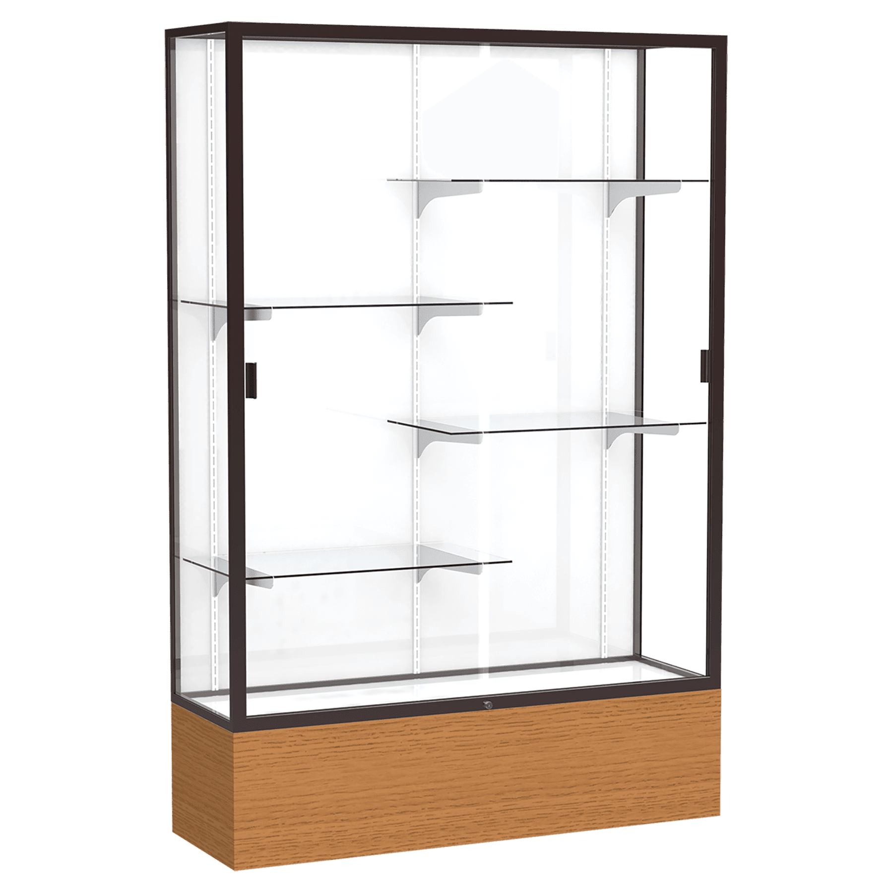 72"H x 48"W x 16"D Carmel Oak Finish, White Laminate Back, Dark Bronze Aluminum Frame, Reliant Display Case