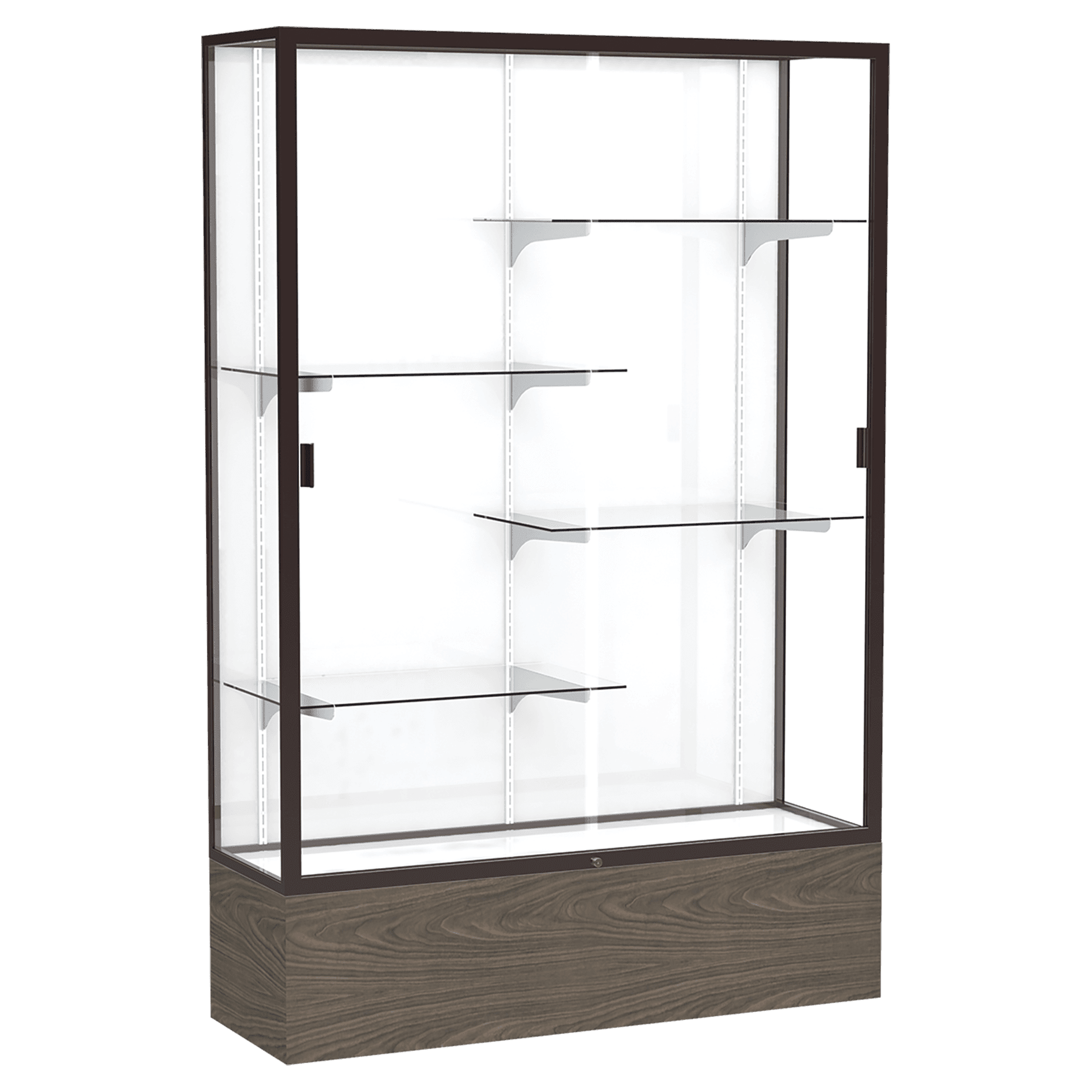 72"H x 48"W x 16"D Walnut Vinyl Finish, White Laminate Back, Dark Bronze Aluminum Frame, Reliant Display Case