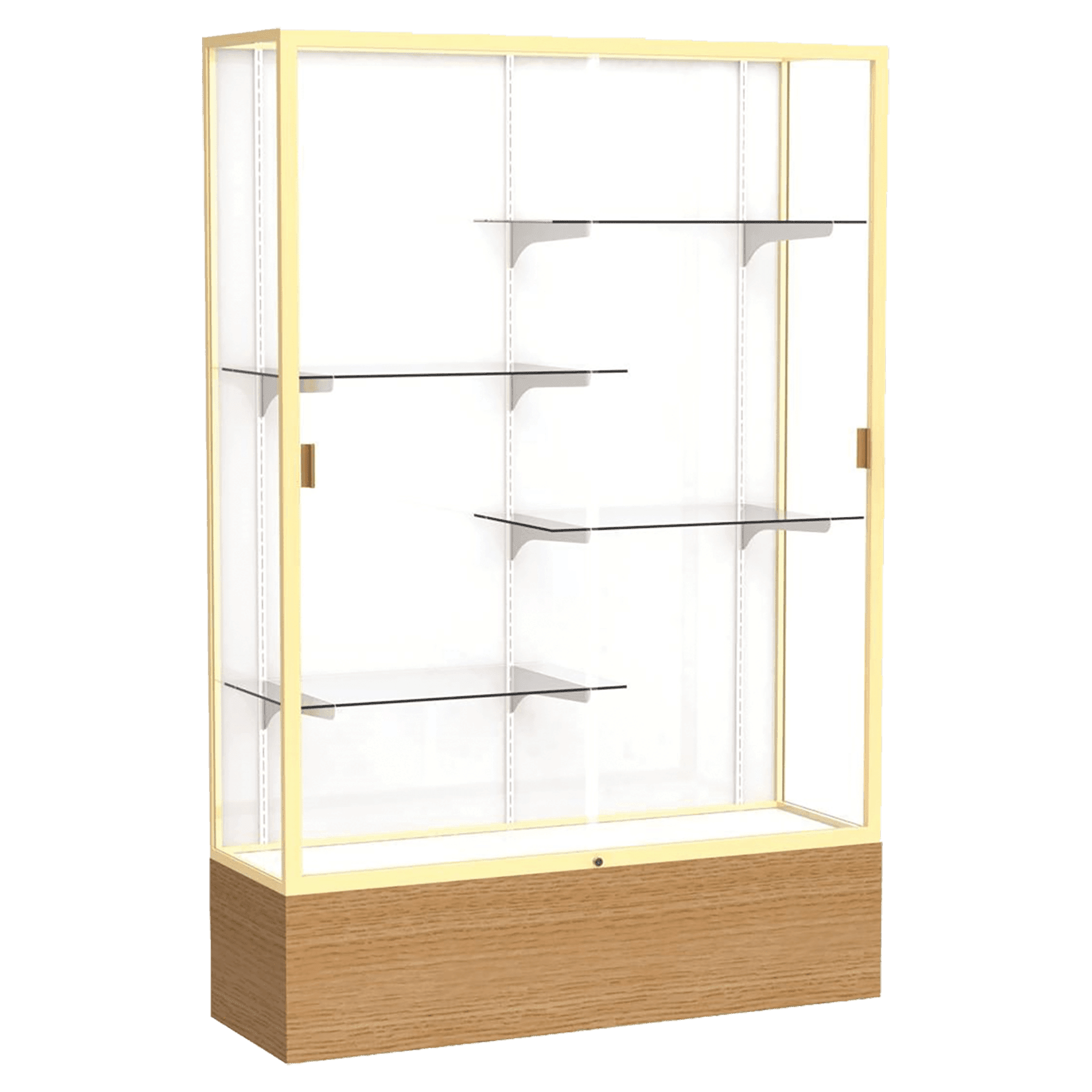 72"H x 48"W x 16"D Natural Oak Finish, White Laminate Back, Champagne Aluminum Frame, Reliant Display Case
