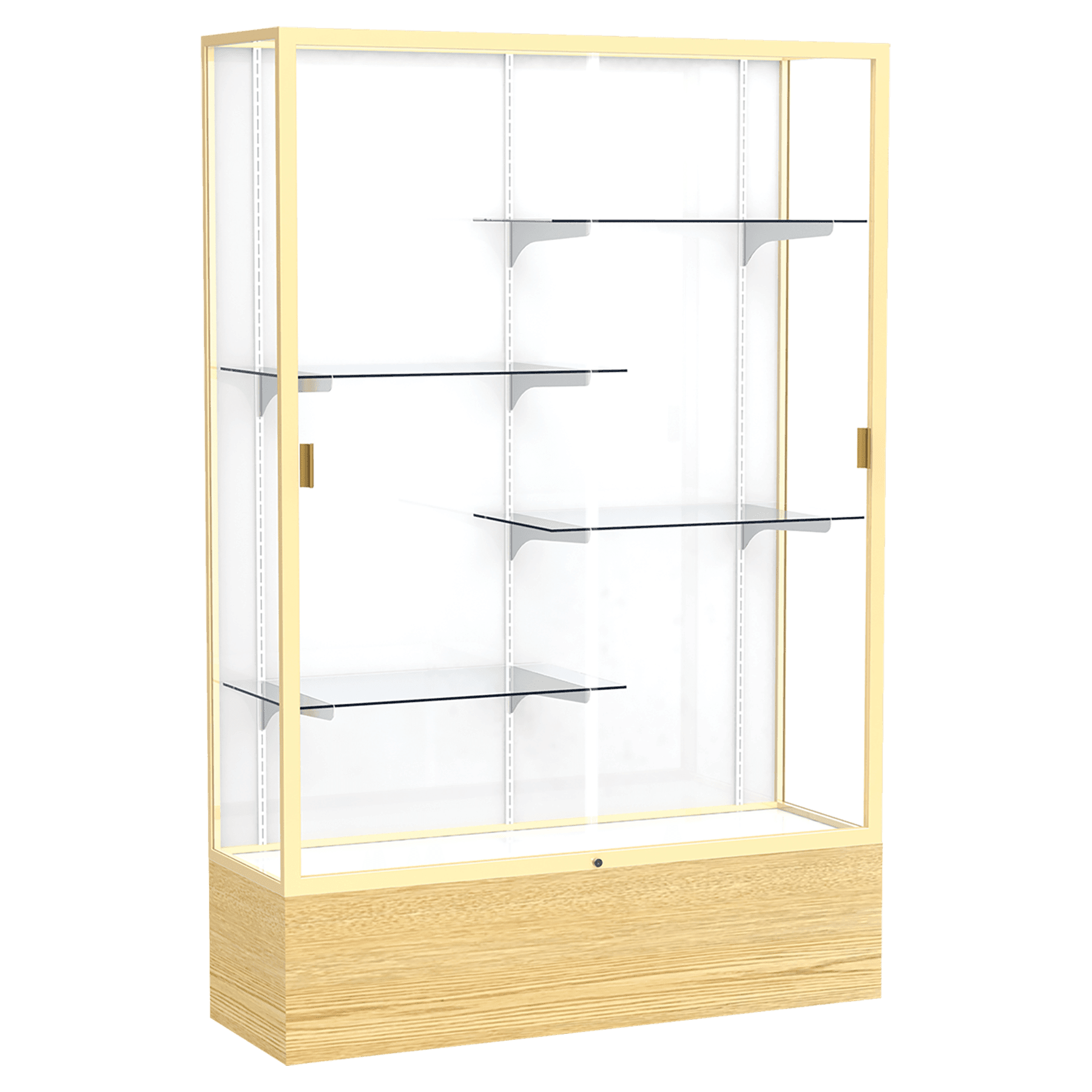 72"H x 48"W x 16"D Light Oak Vinyl Finish, White Laminate Back, Champagne Aluminum Frame, Reliant Display Case