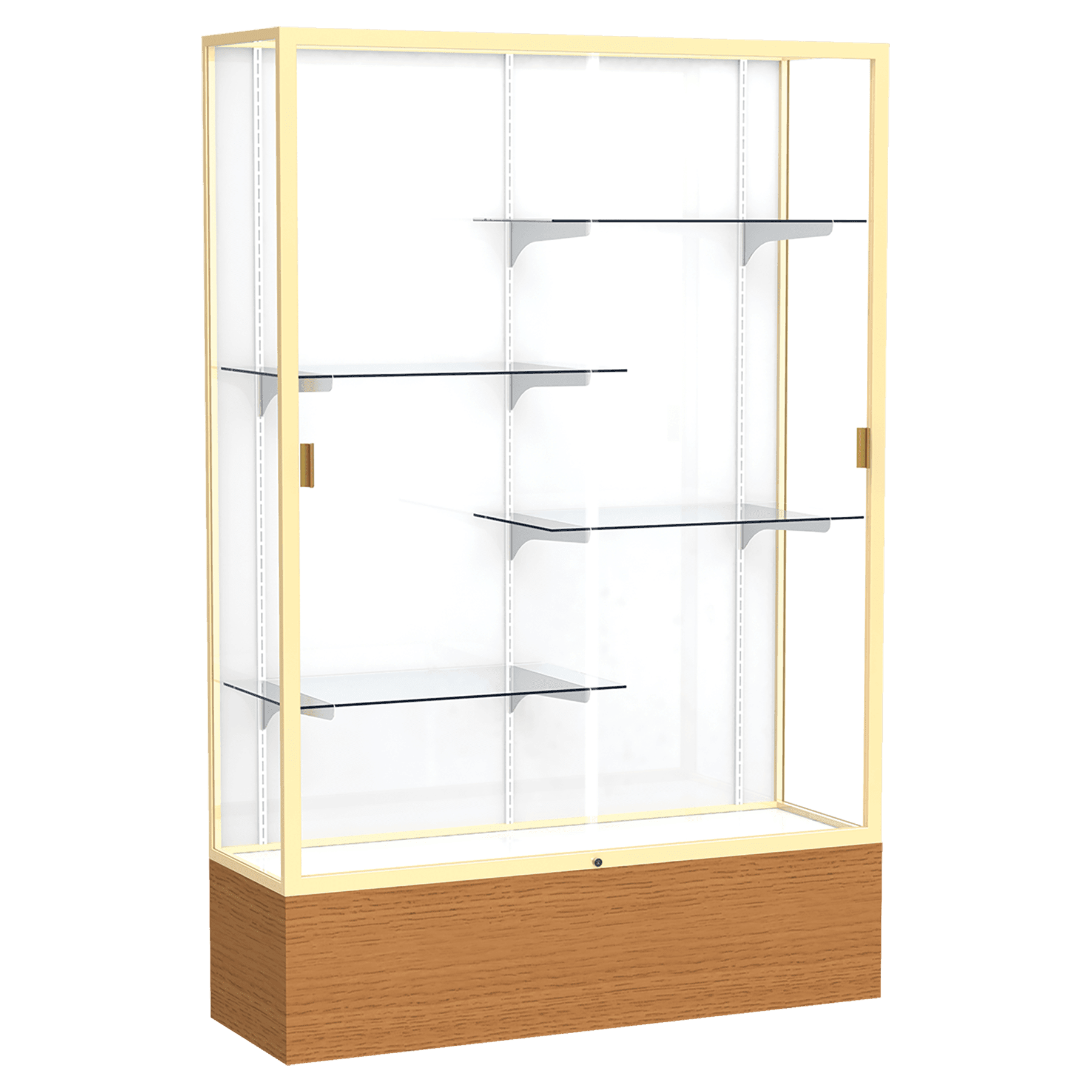 72"H x 48"W x 16"D Carmel Oak Finish, White Laminate Back, Champagne Aluminum Frame, Reliant Display Case