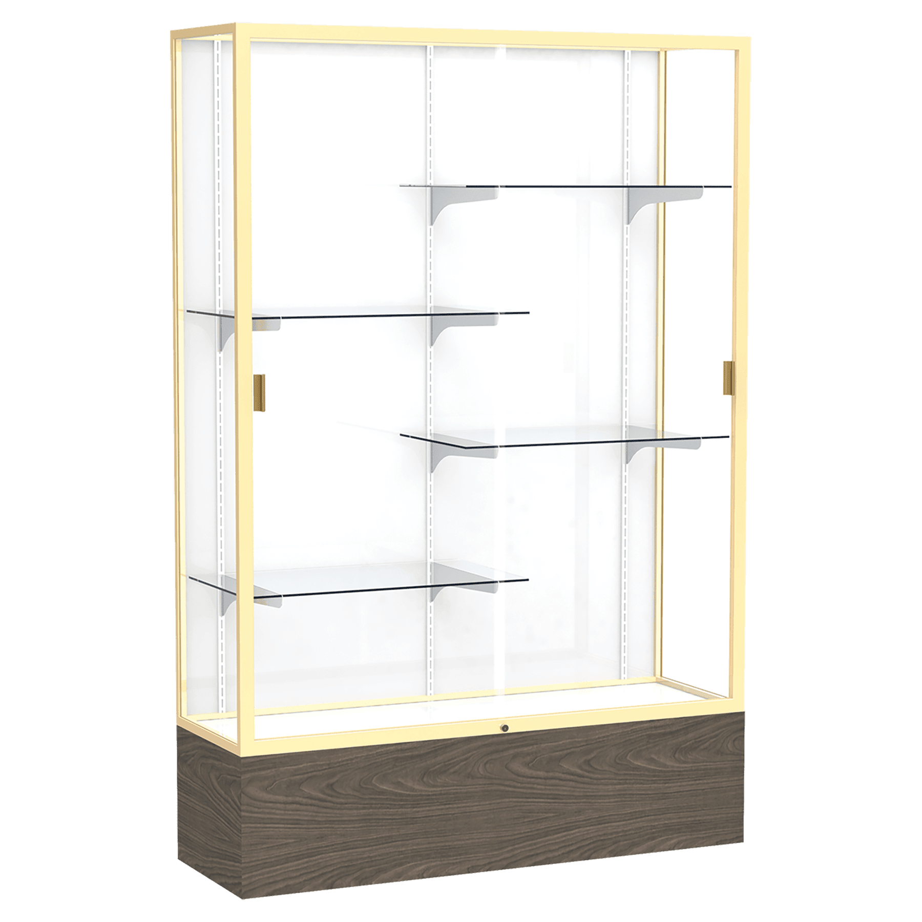 72"H x 48"W x 16"D Walnut Vinyl Finish, White Laminate Back, Champagne Aluminum Frame, Reliant Display Case