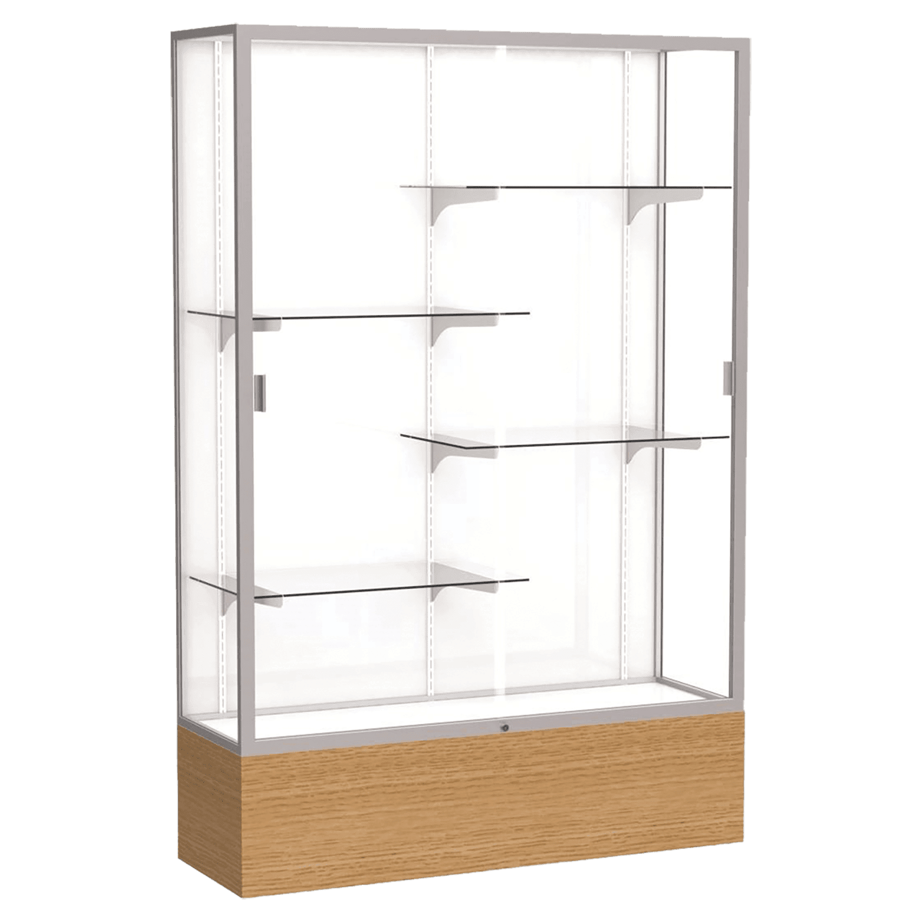 72"H x 48"W x 16"D Natural Oak Finish, White Laminate Back, Satin Natural Aluminum Frame, Reliant Display Case