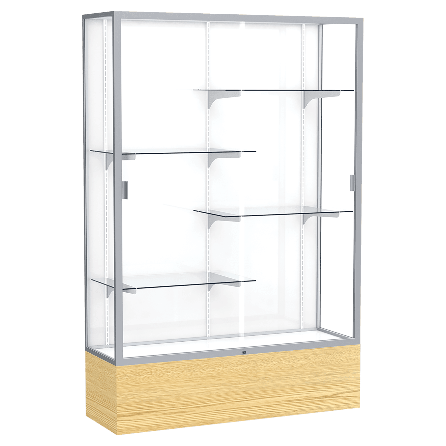 72"H x 48"W x 16"D Light Oak Vinyl Finish, White Laminate Back, Satin Natural Aluminum Frame, Reliant Display Case