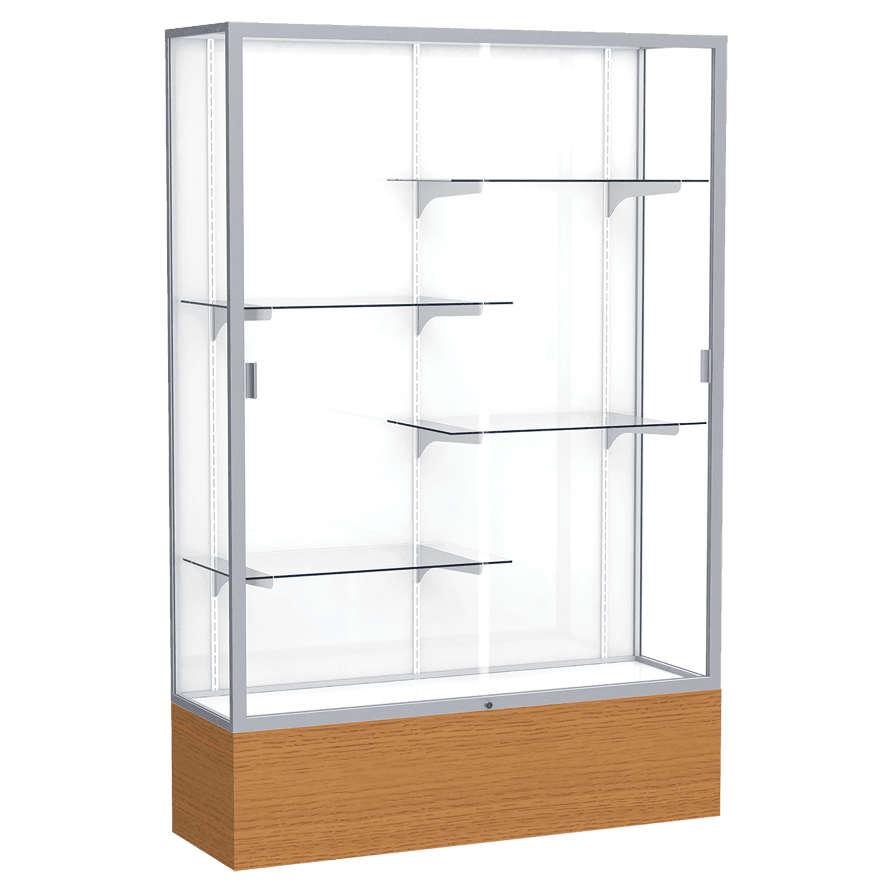 72"H x 48"W x 16"D Carmel Oak Finish, White Laminate Back, Satin Natural Aluminum Frame, Reliant Display Case