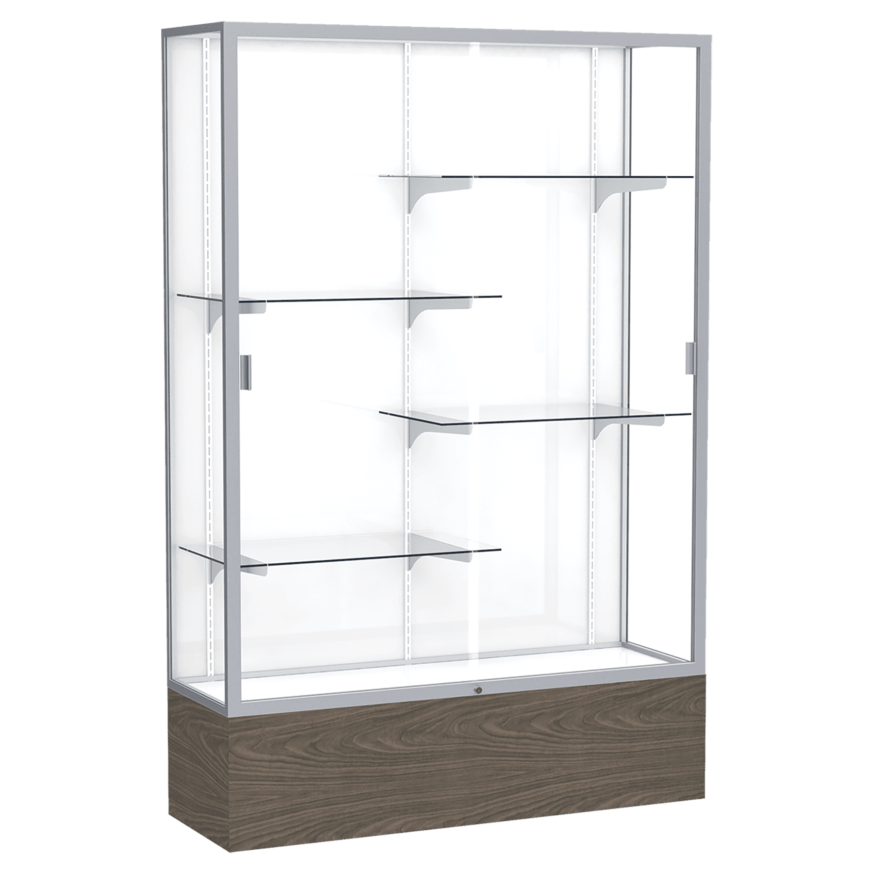 72"H x 48"W x 16"D Walnut Vinyl Finish, White Laminate Back, Satin Natural Aluminum Frame, Reliant Display Case