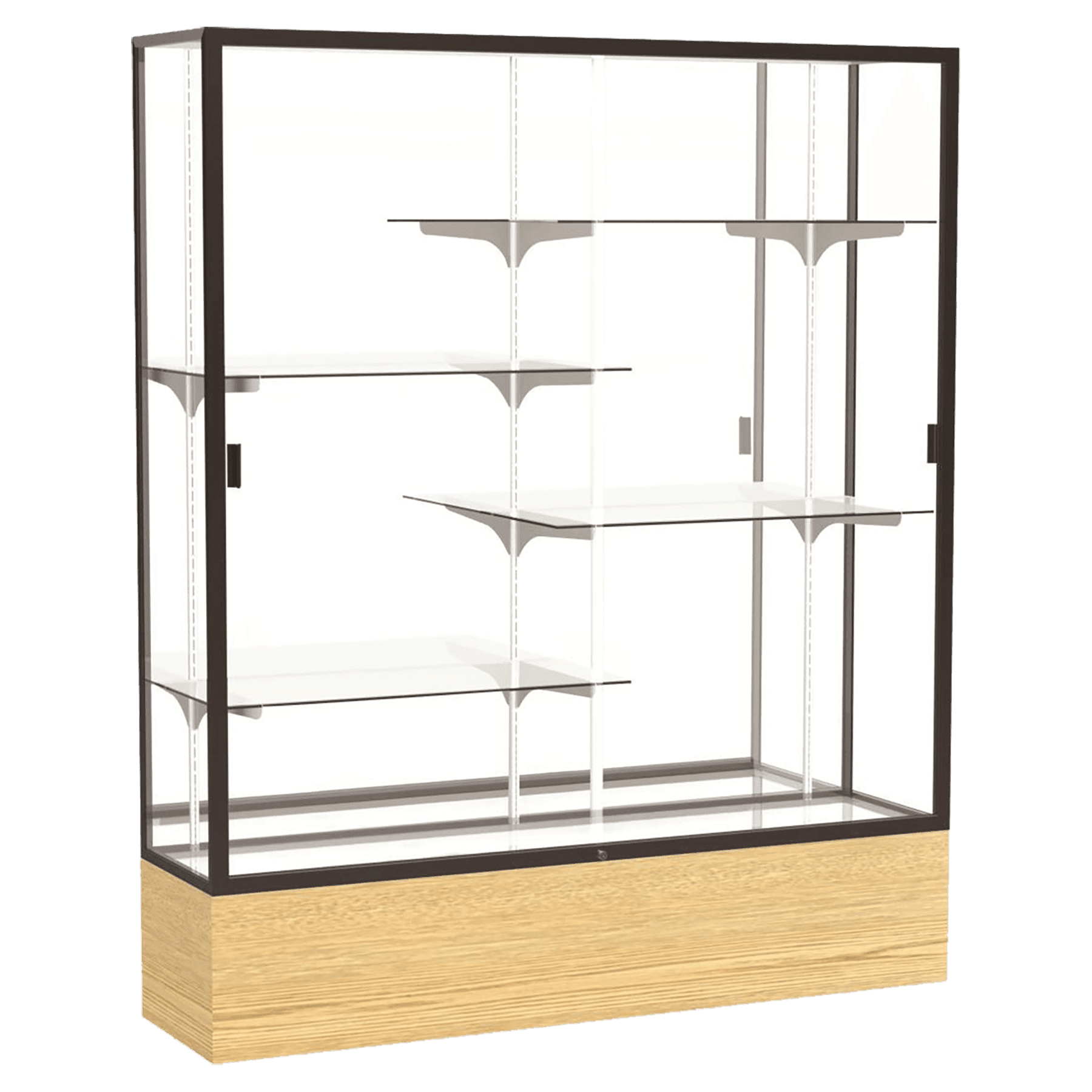 72"H x 60"W x 16"D Light Oak Vinyl Finish, Mirror Back, Dark Bronze Aluminum Frame, Reliant Display Case