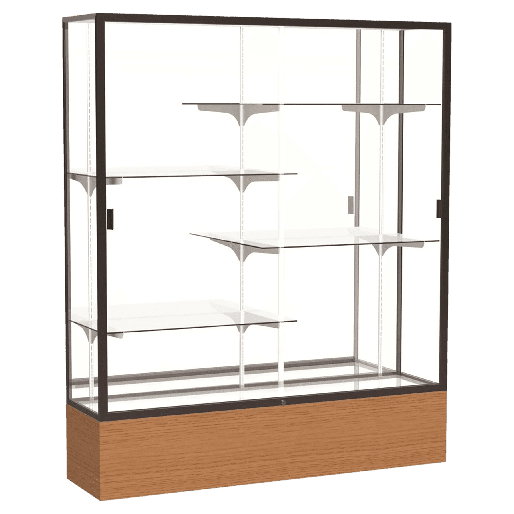 72"H x 60"W x 16"D Carmel Oak Finish, Mirror Back, Dark Bronze Aluminum Frame, Reliant Display Case