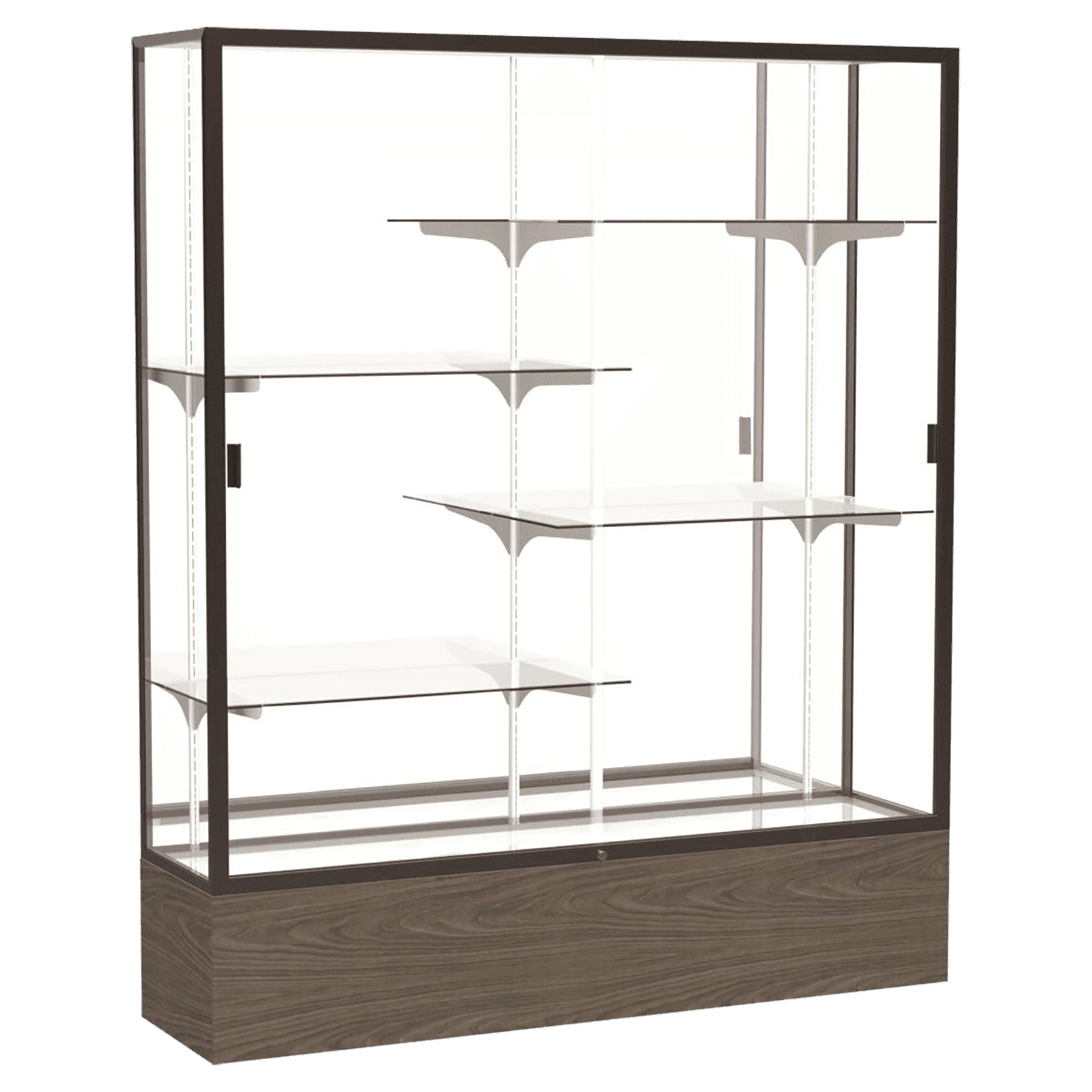 72"H x 60"W x 16"D Walnut Vinyl Finish, Mirror Back, Dark Bronze Aluminum Frame, Reliant Display Case