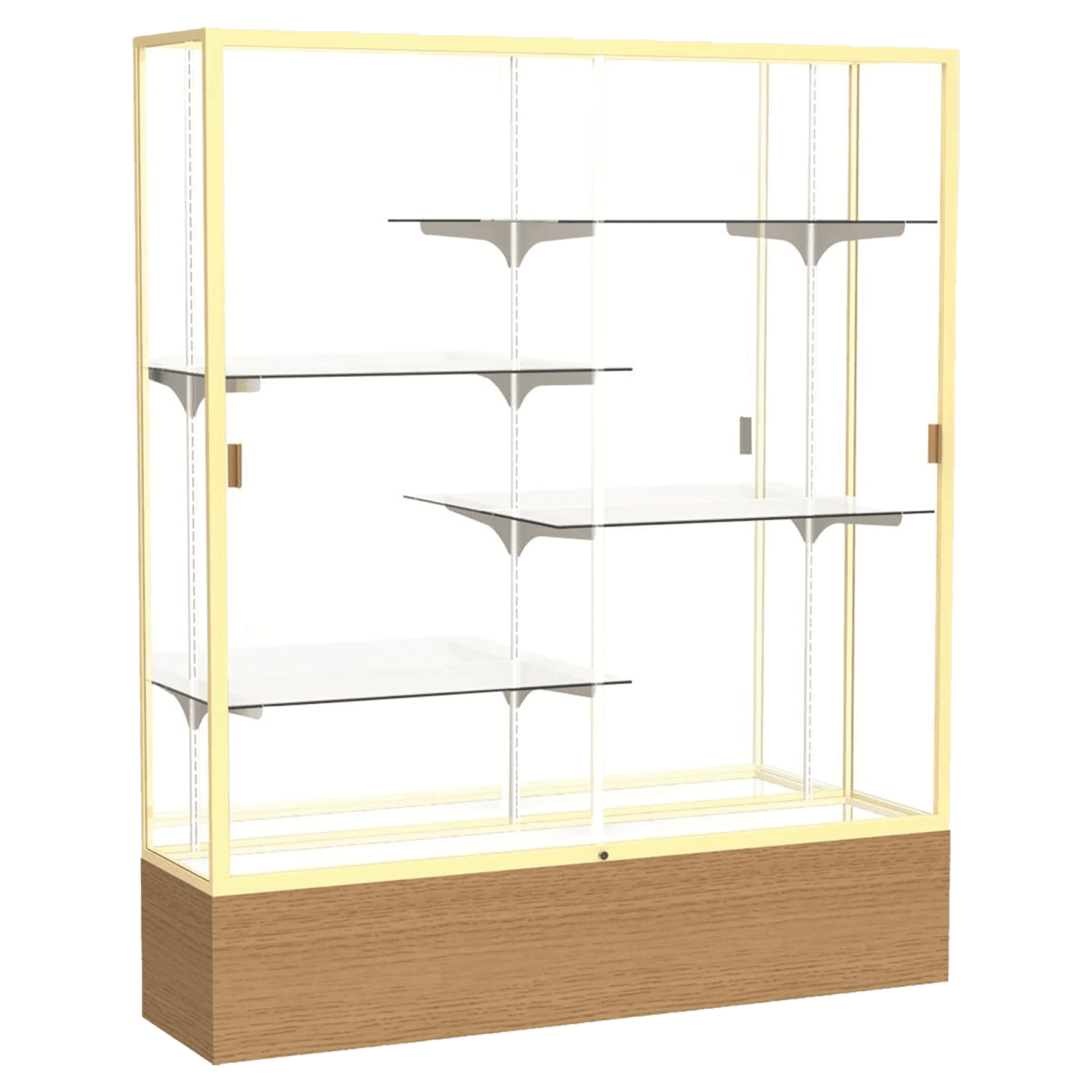 72"H x 60"W x 16"D Natural Oak Finish, Mirror Back, Champagne Aluminum Frame, Reliant Display Case