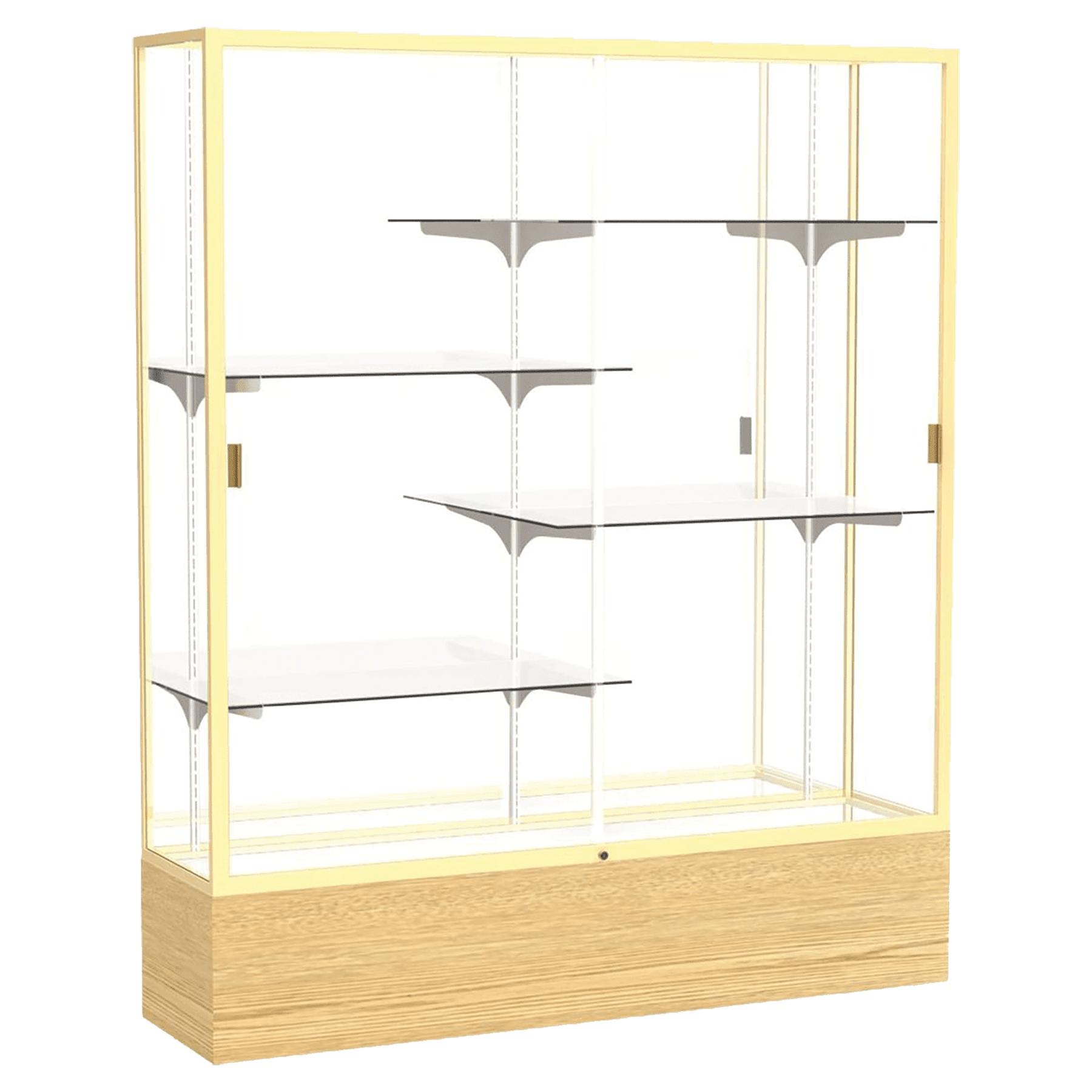 72"H x 60"W x 16"D Light Oak Vinyl Finish, Mirror Back, Champagne Aluminum Frame, Reliant Display Case