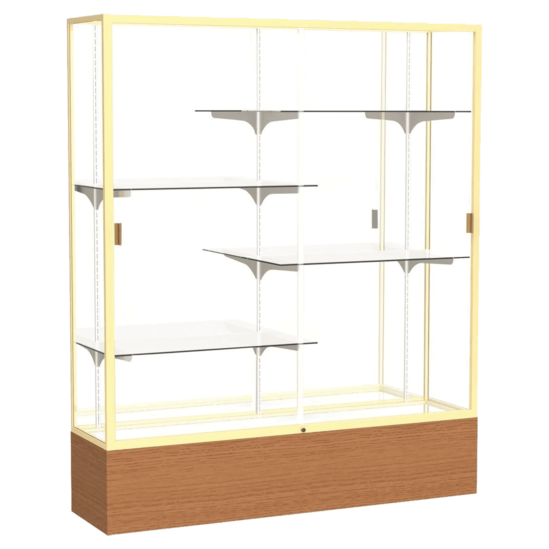 72"H x 60"W x 16"D Carmel Oak Finish, Mirror Back, Champagne Aluminum Frame, Reliant Display Case