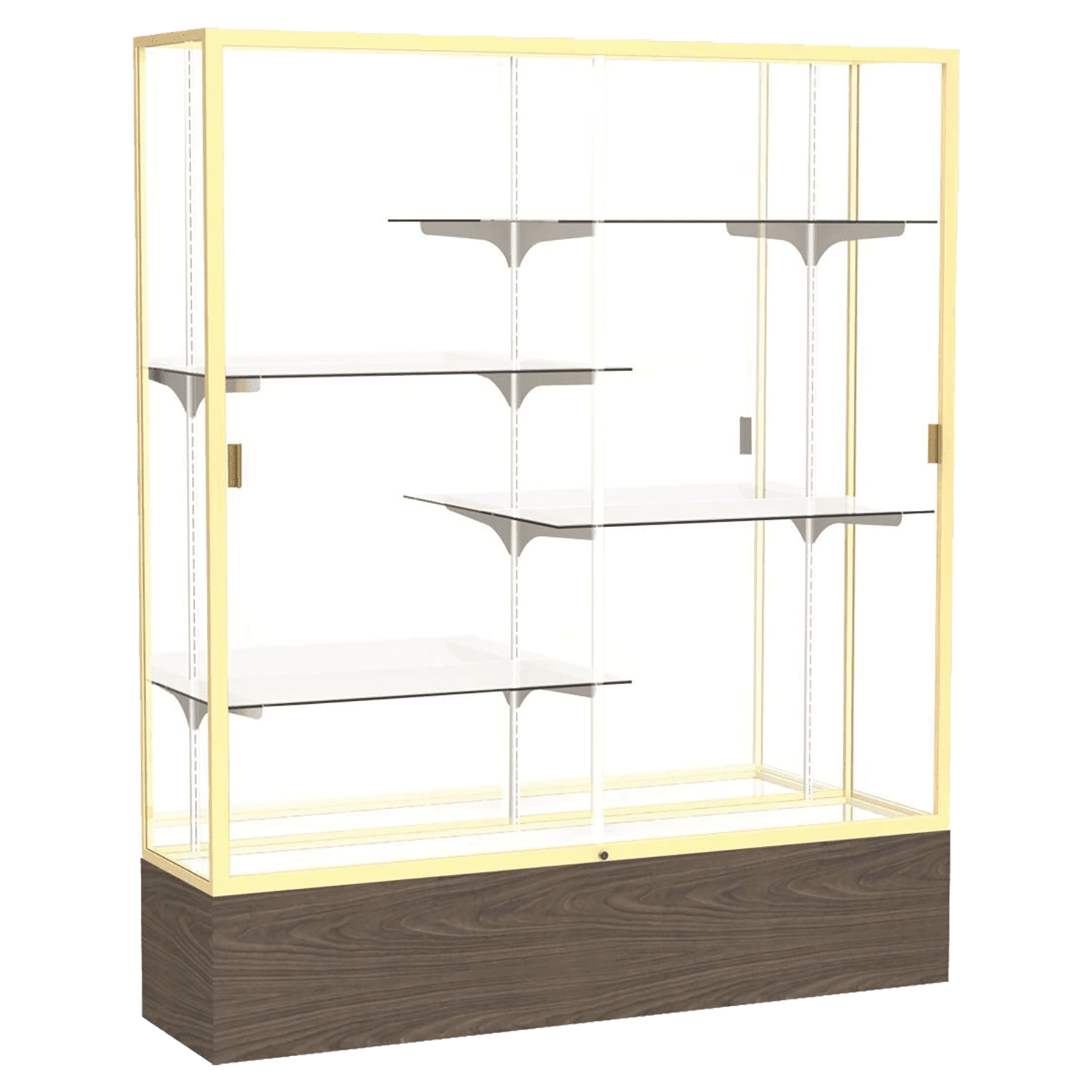 72"H x 60"W x 16"D Walnut Vinyl Finish, Mirror Back, Champagne Aluminum Frame, Reliant Display Case