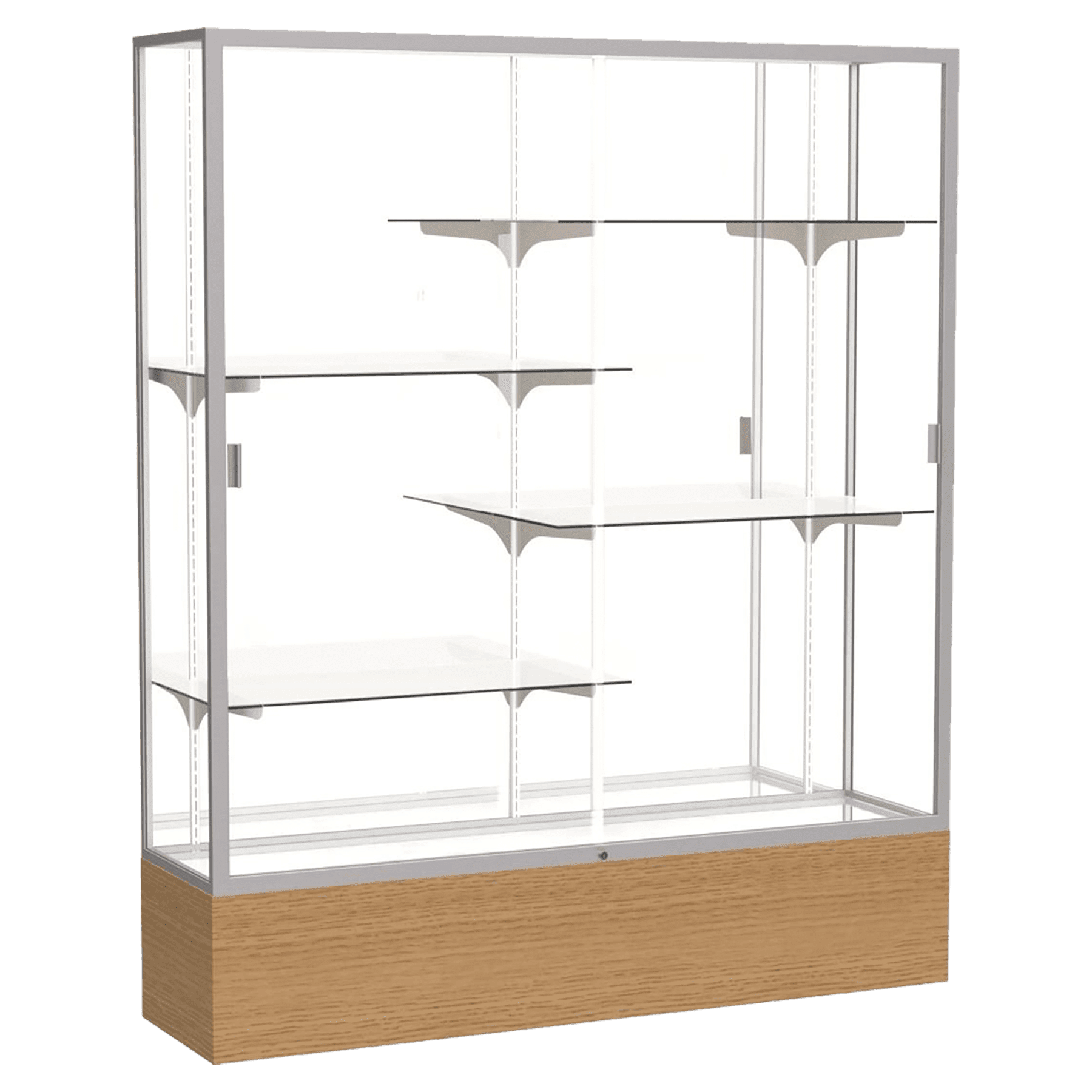 72"H x 60"W x 16"D Natural Oak Finish, Mirror Back, Satin Natural Aluminum Frame, Reliant Display Case