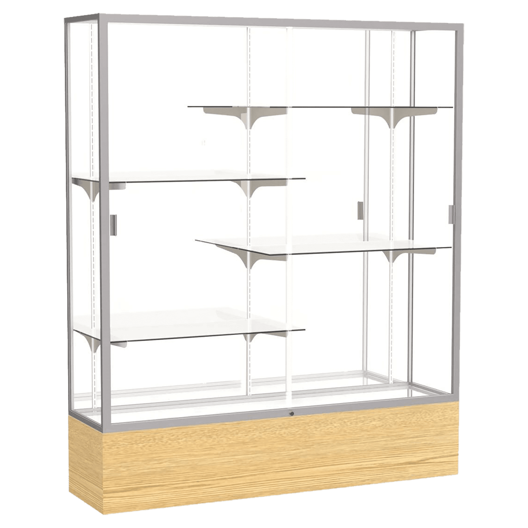 72"H x 60"W x 16"D Light Oak Vinyl Finish, Mirror Back, Satin Natural Aluminum Frame, Reliant Display Case