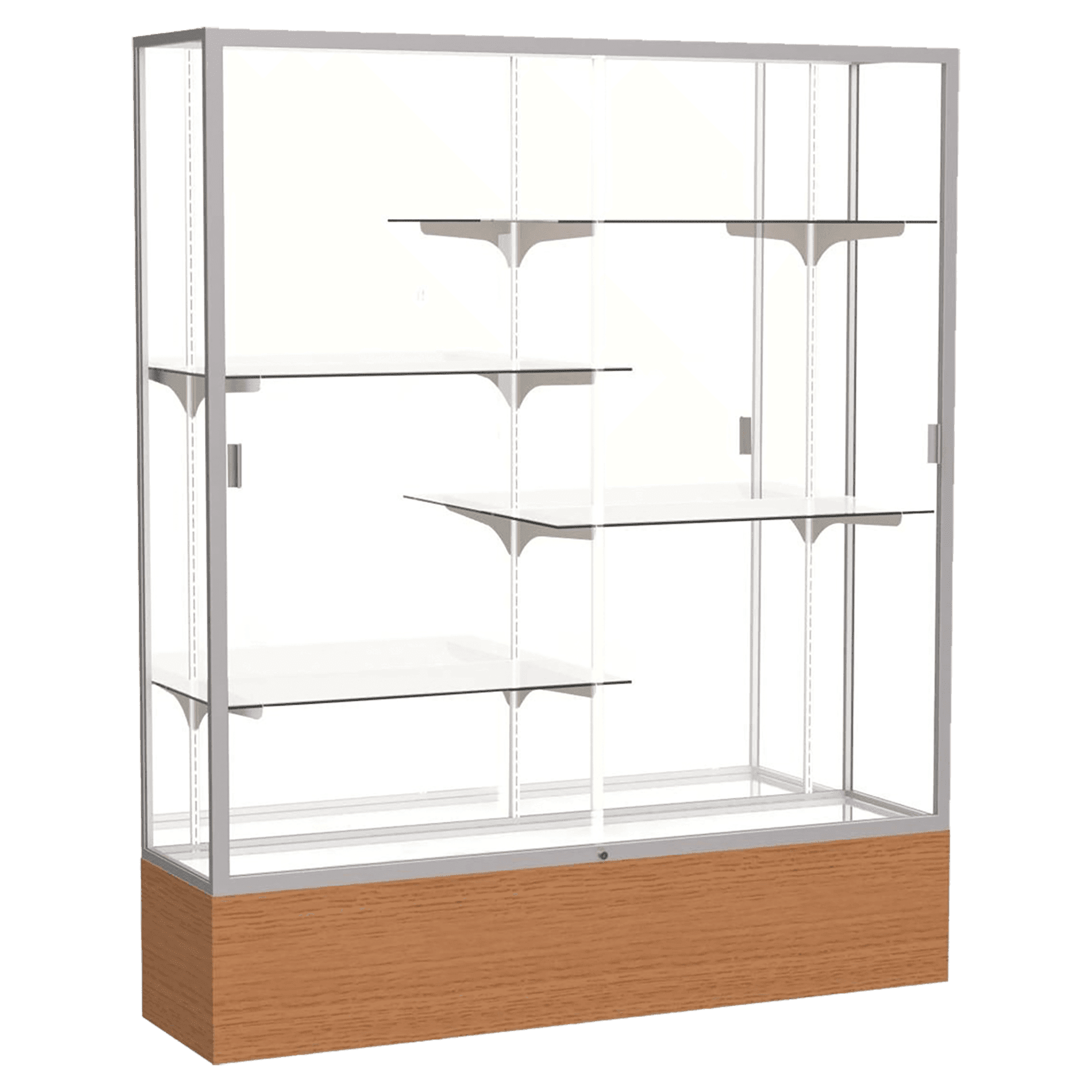 72"H x 60"W x 16"D Carmel Oak Finish, Mirror Back, Satin Natural Aluminum Frame, Reliant Display Case