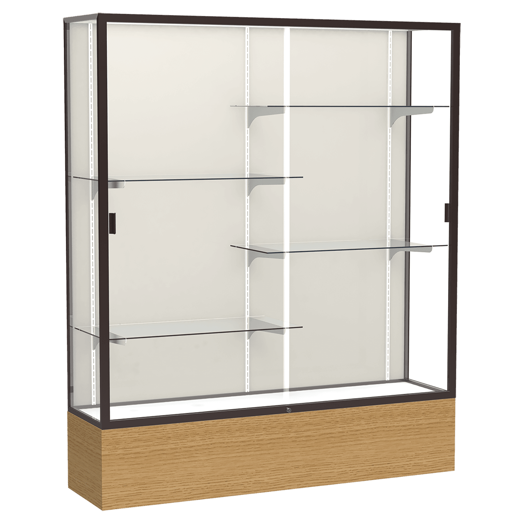 72"H x 60"W x 16"D Natural Oak Finish, Plaque Fabric Back, Dark Bronze Aluminum Frame, Reliant Display Case
