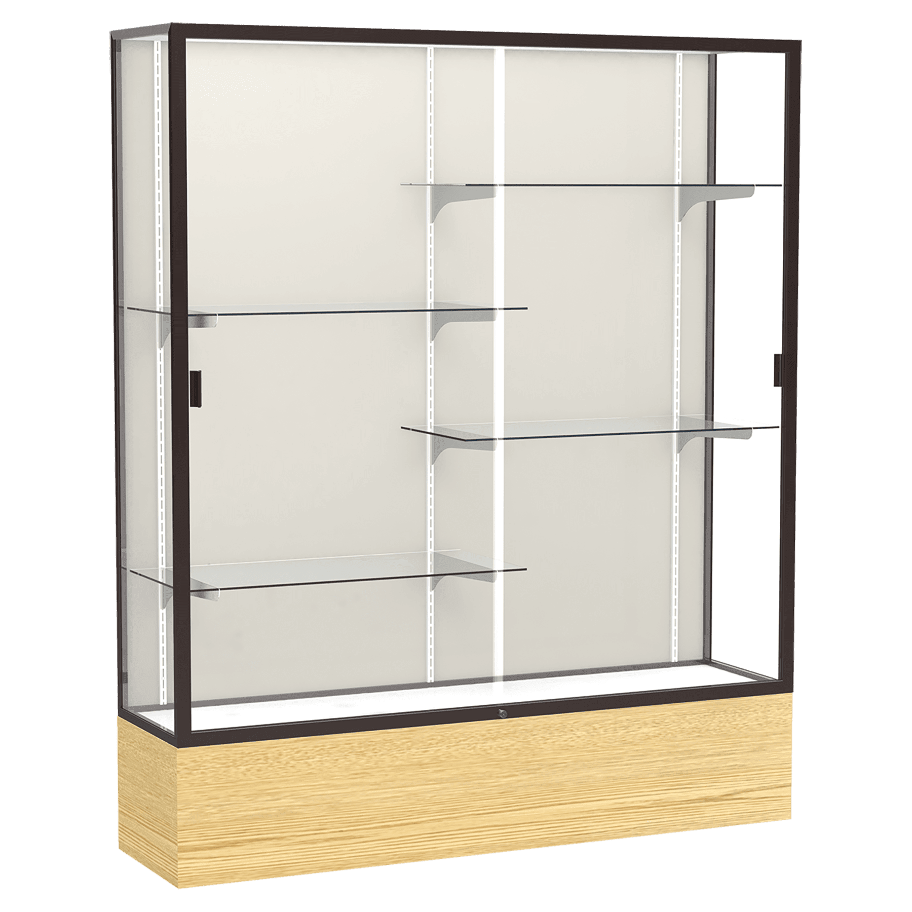 72"H x 60"W x 16"D Light Oak Vinyl Finish, Plaque Fabric Back, Dark Bronze Aluminum Frame, Reliant Display Case