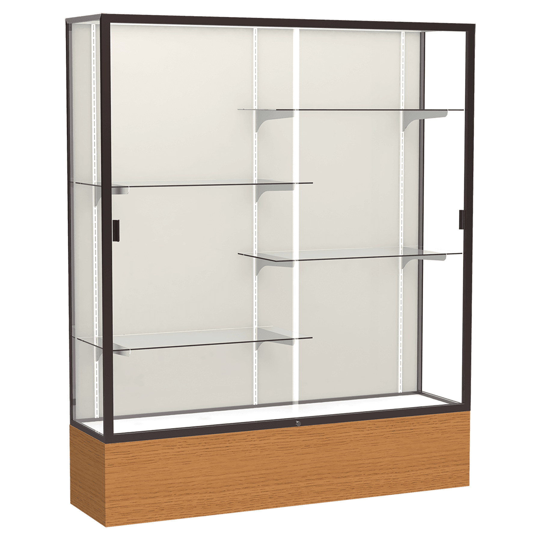 72"H x 60"W x 16"D Carmel Oak Finish, Plaque Fabric Back, Dark Bronze Aluminum Frame, Reliant Display Case