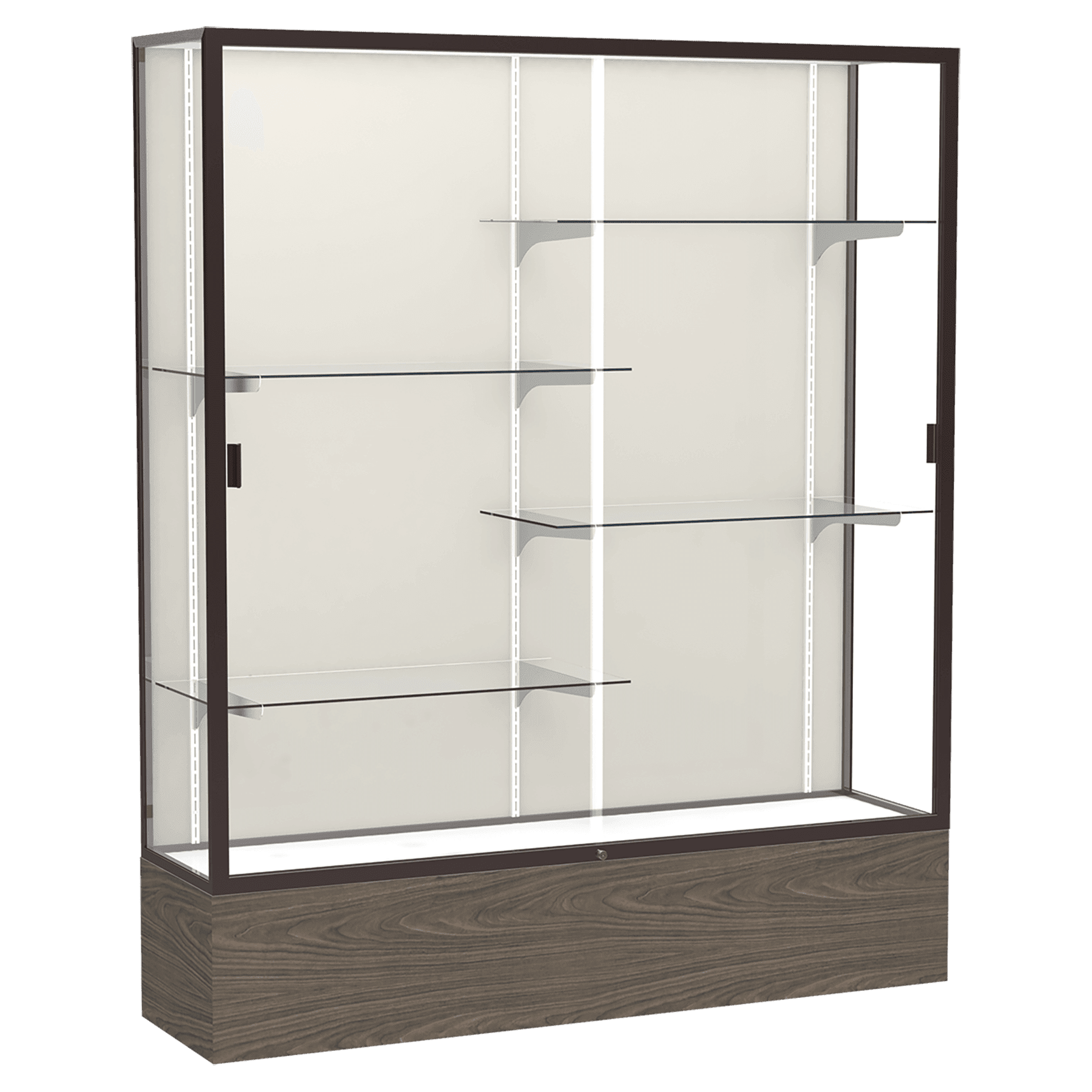 72"H x 60"W x 16"D Walnut Vinyl Finish, Plaque Fabric Back, Dark Bronze Aluminum Frame, Reliant Display Case