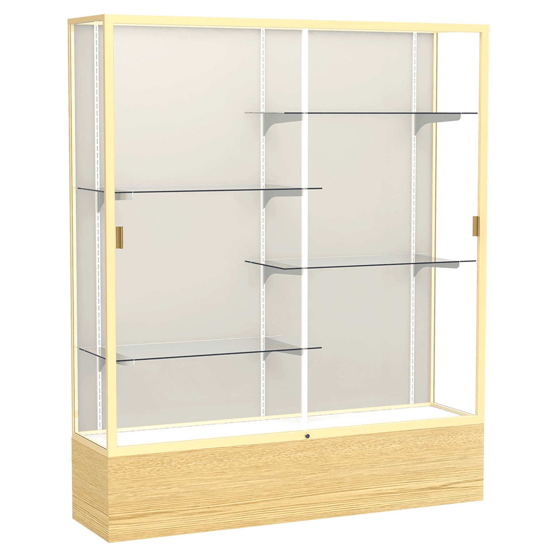 72"H x 60"W x 16"D Light Oak Vinyl Finish, Plaque Fabric Back, Champagne Aluminum Frame, Reliant Display Case