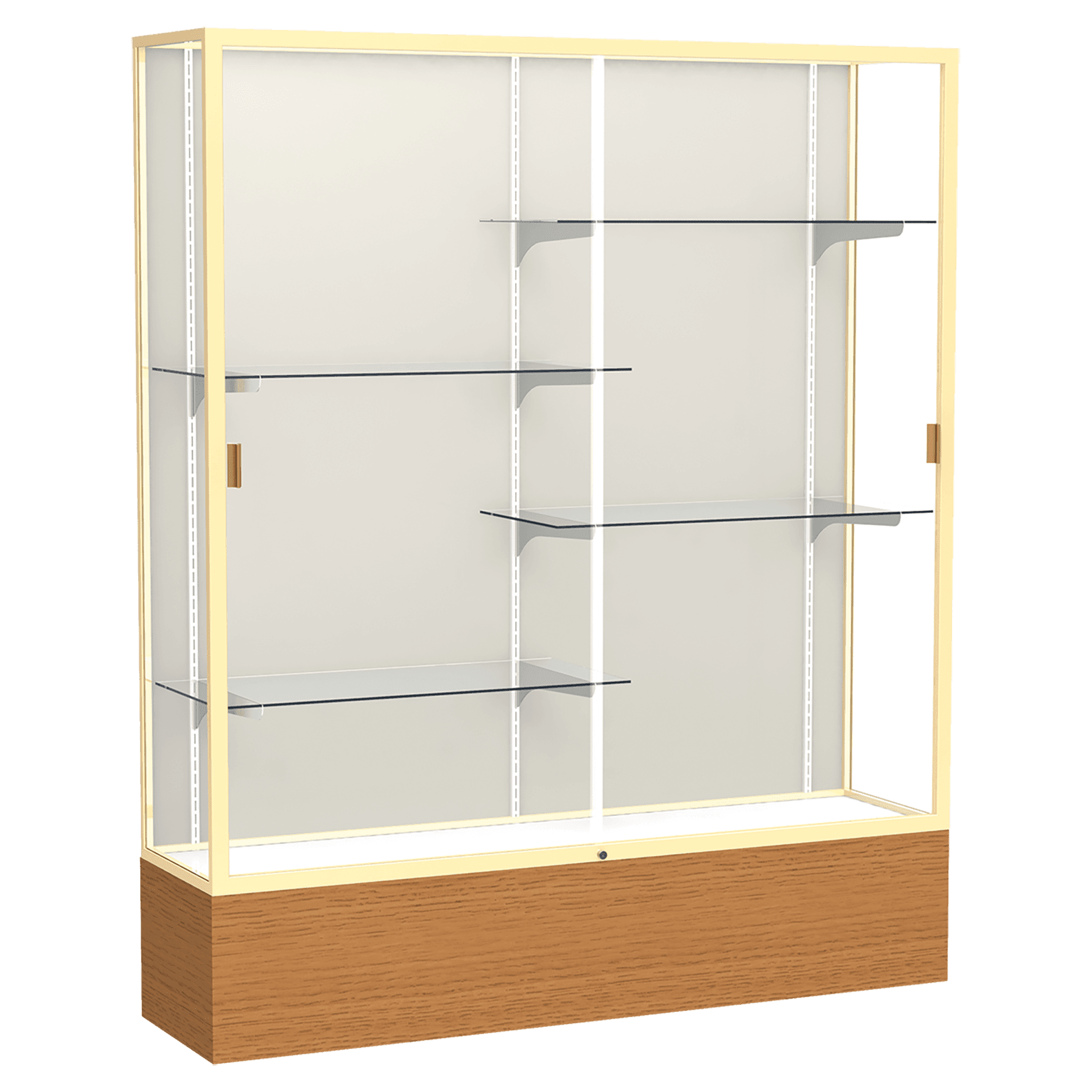 72"H x 60"W x 16"D Carmel Oak Finish, Plaque Fabric Back, Champagne Aluminum Frame, Reliant Display Case