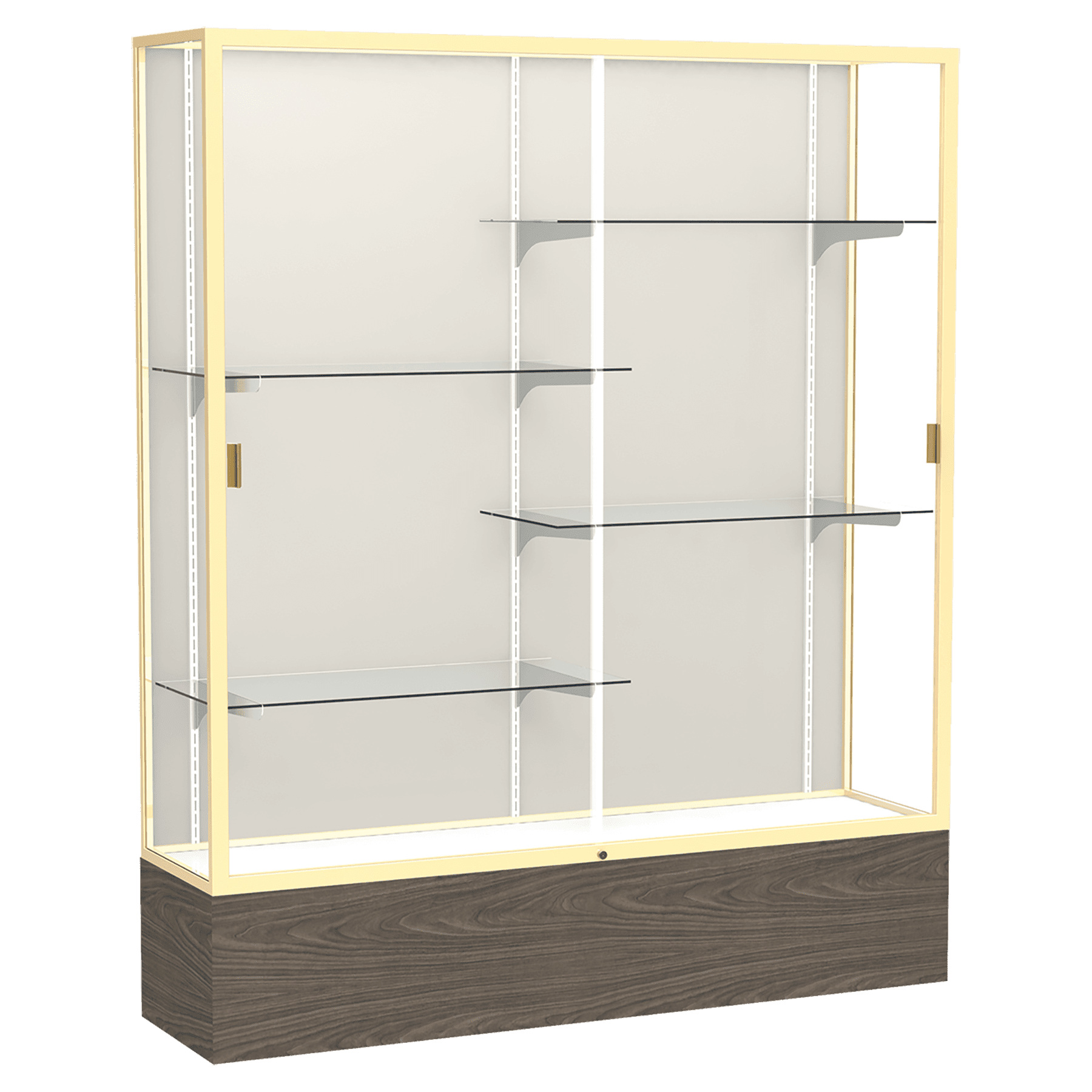 72"H x 60"W x 16"D Walnut Vinyl Finish, Plaque Fabric Back, Champagne Aluminum Frame, Reliant Display Case