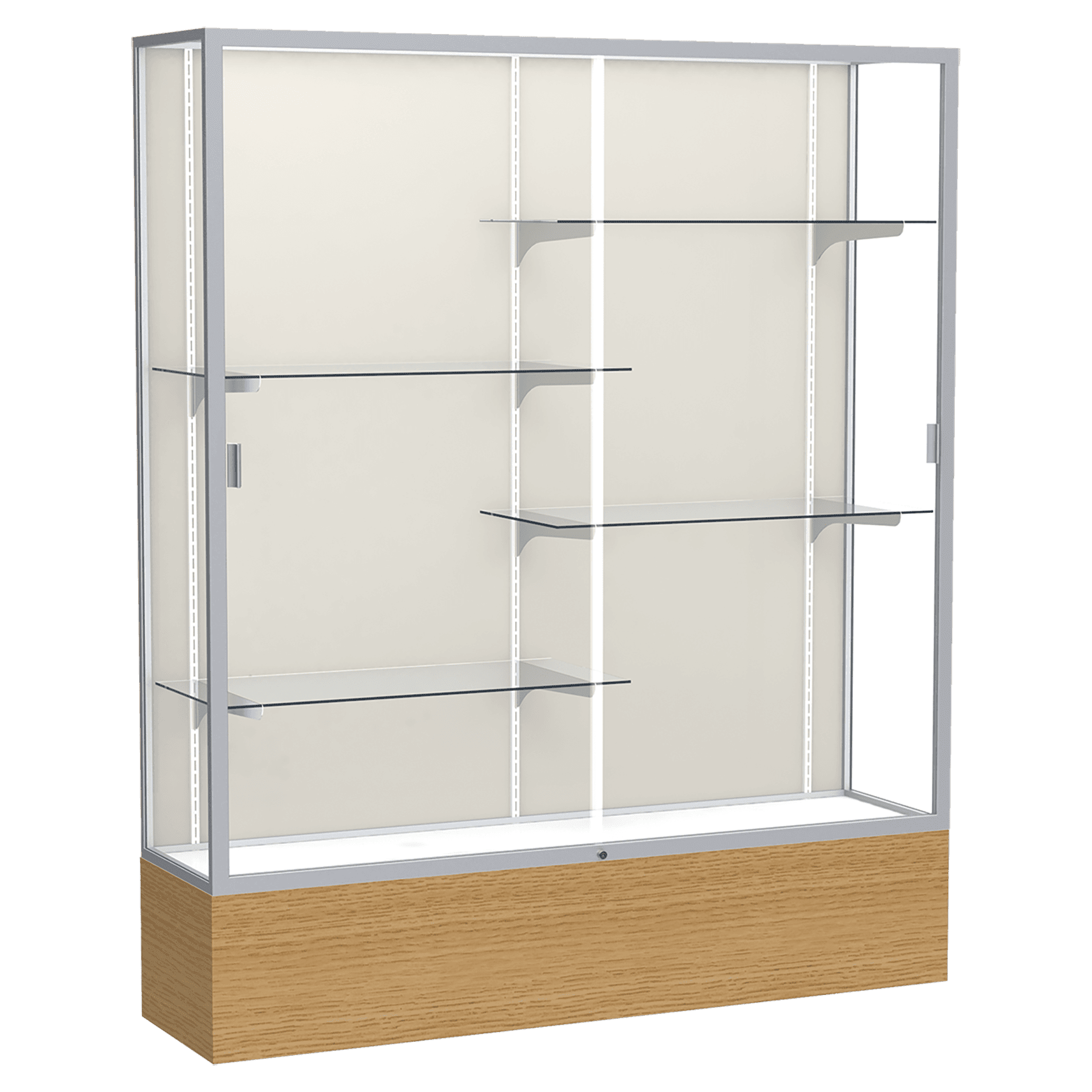 72"H x 60"W x 16"D Natural Oak Finish, Plaque Fabric Back, Satin Natural Aluminum Frame, Reliant Display Case